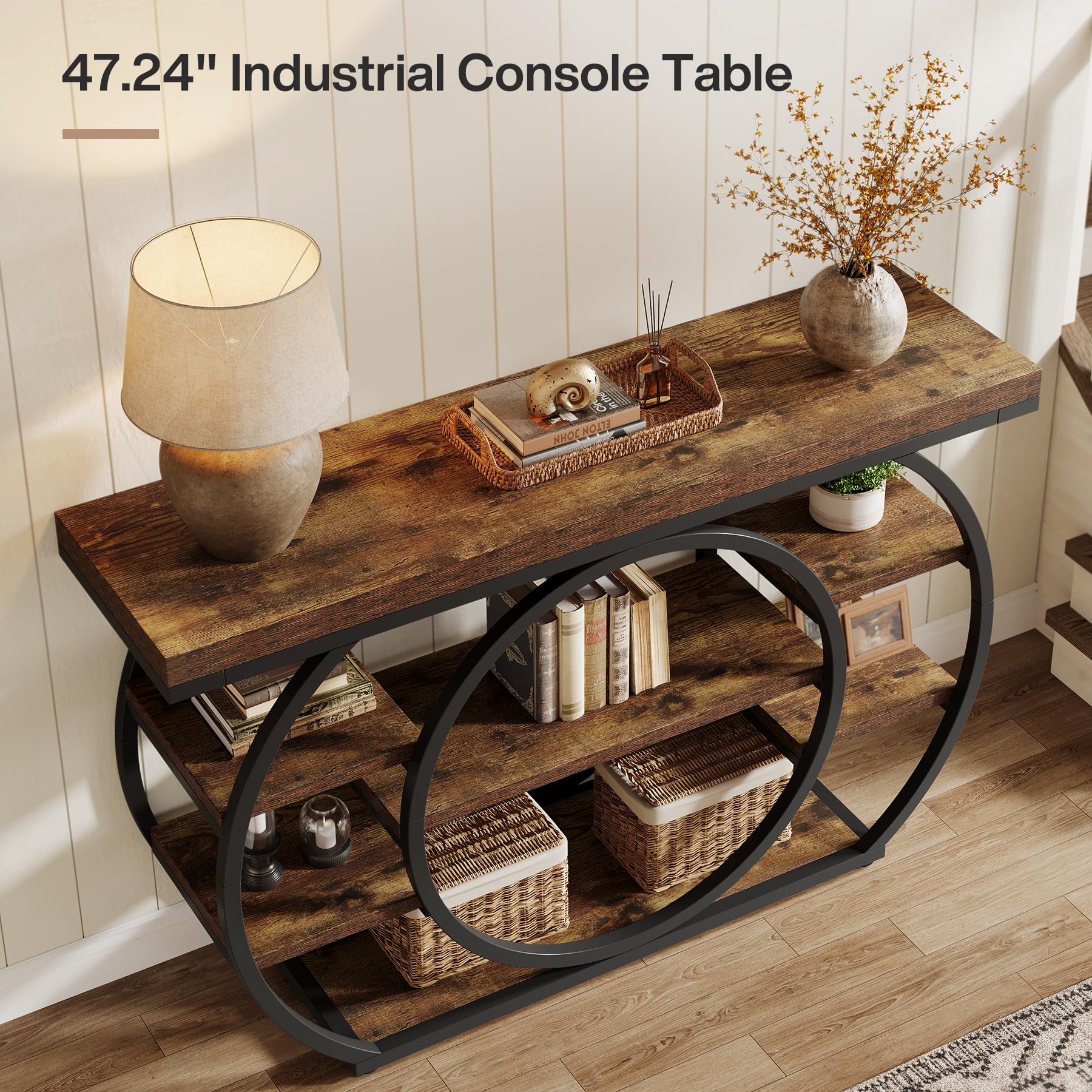 Tribesigns 47" Console Table for Living Room, 5-Tier Industrial Entryway Table with Metal Frame, Narrow Sofa Table Behind Couch Accent Tables for Entryway, Hallway, Foyer, Rustic Brown