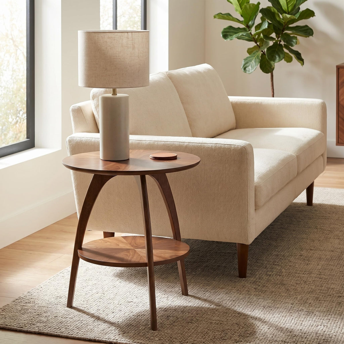 Round Wood End Table with Shelf