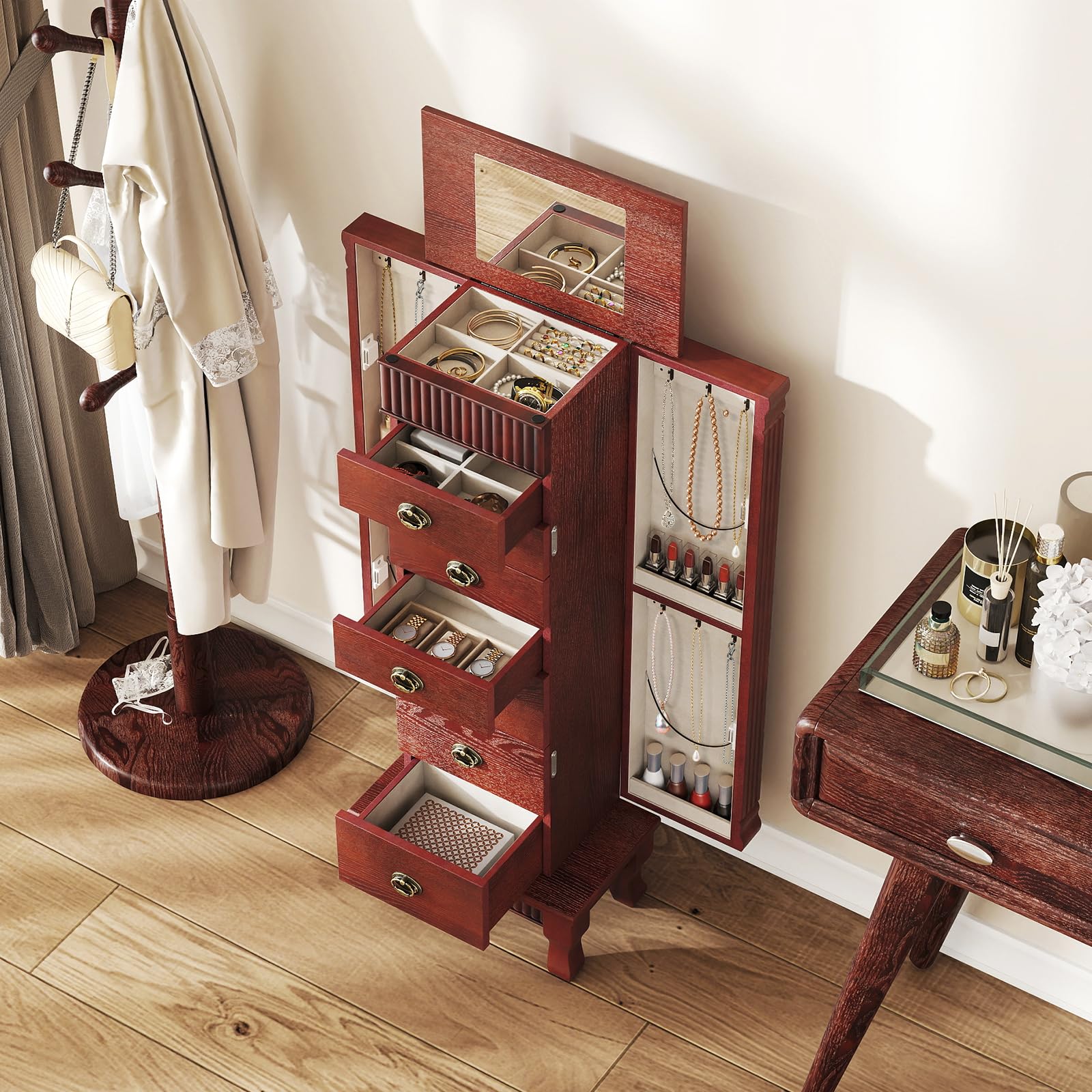 Standing Jewelry Cabinet with Mirror & Drawers