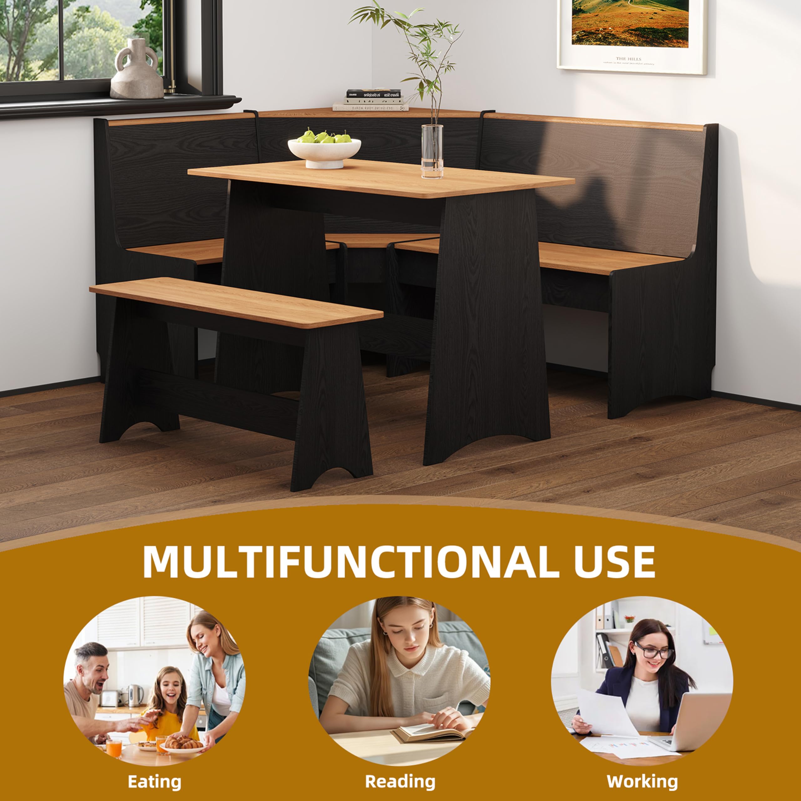 L-Shaped Breakfast Nook Table Set with Corner Bench & Storage