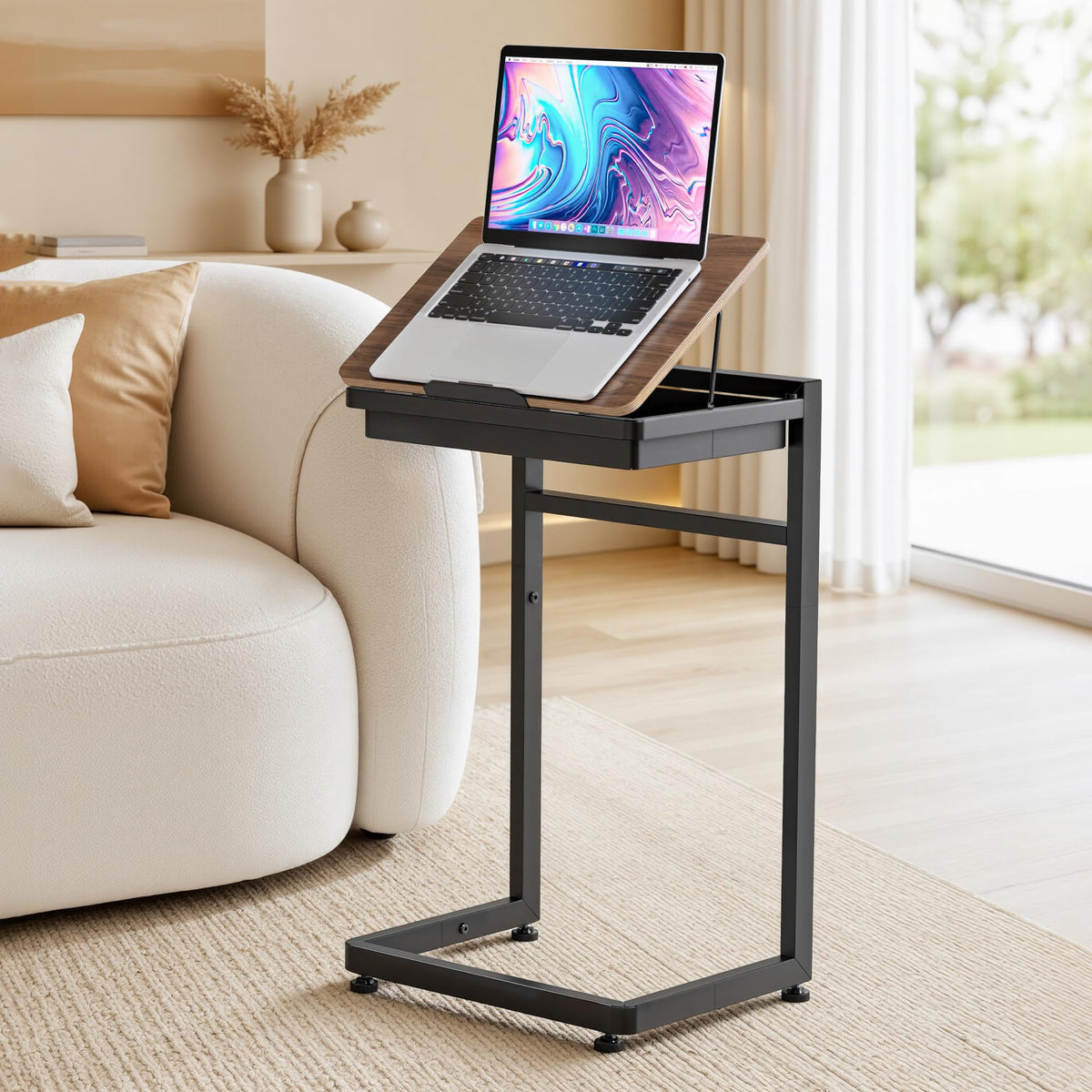 PEGZONE TV Tray Table, C-Shaped Couch Table with Storage, 4-Level Tilt-Top