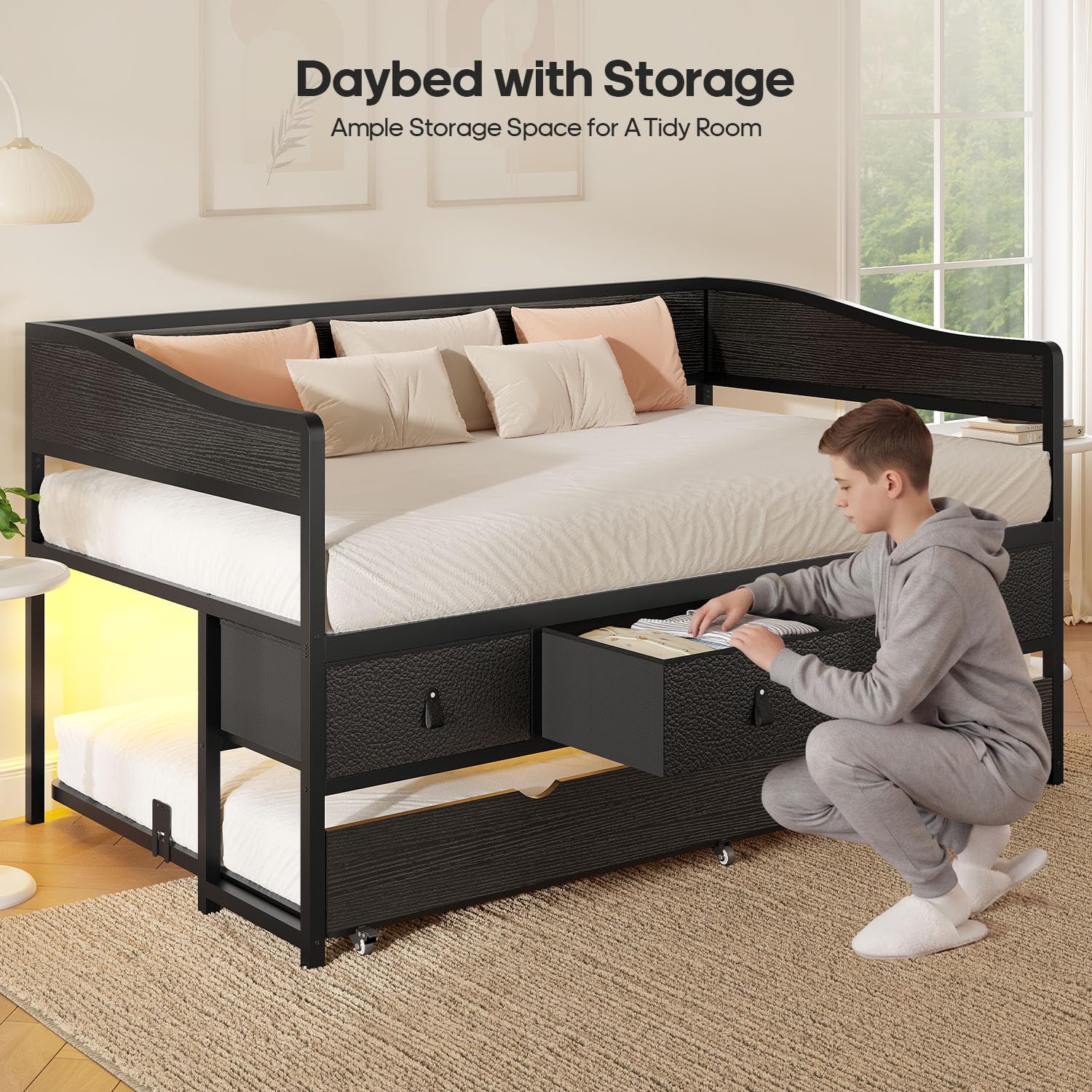 ADORNEVE Twin Daybed with Trundle, Metal Trundle Bed Twin with 4 Storage Drawers and LED Light, Sofa Day Bed Frame with Strong Supports for Living Room, Bedroom and Guest Room, Black