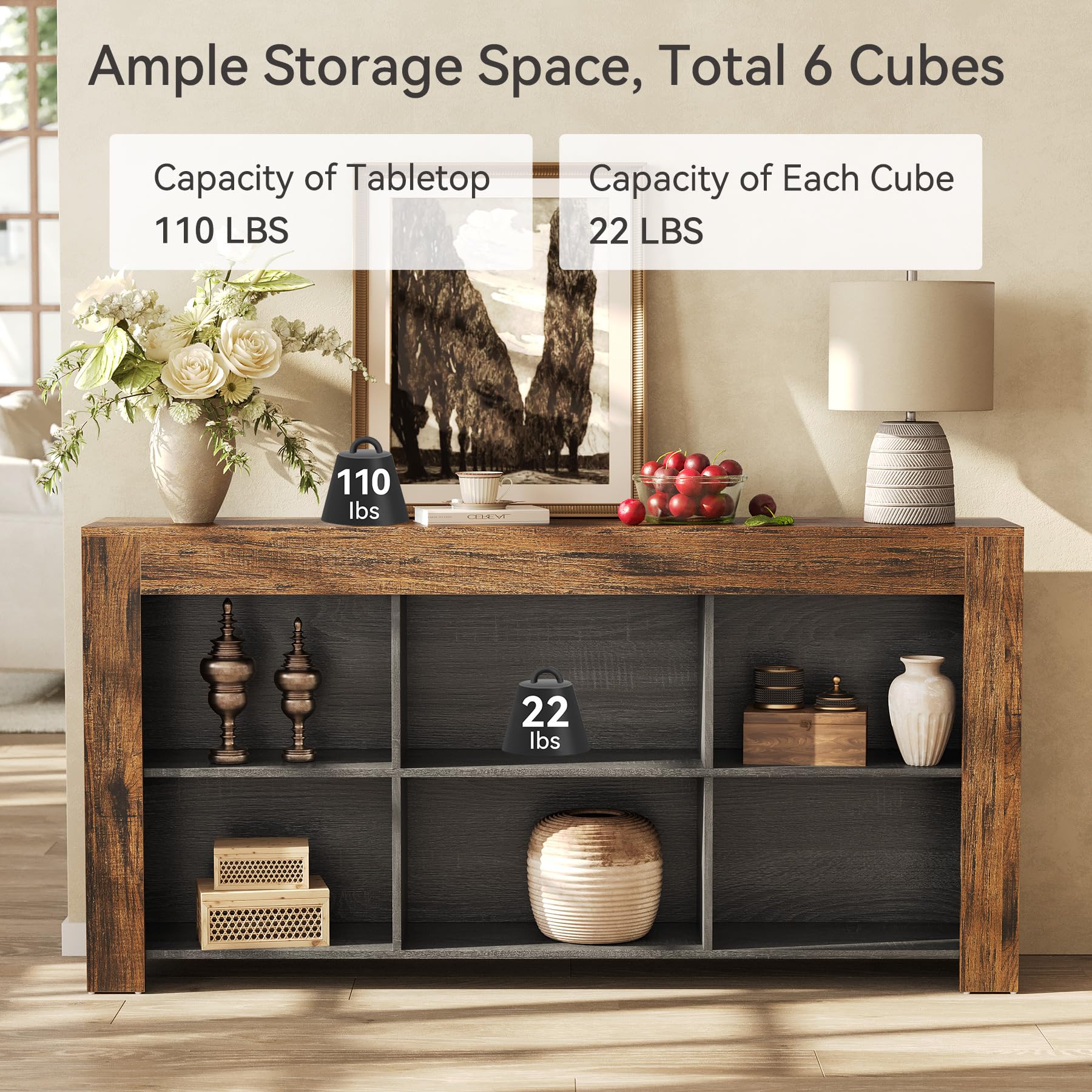 LITTLE TREE Console Table with Storage, 63-Inch Narrow Long Sofa Table, Entryway Table with 6 Cubes, Farmhouse Storage Shelves for Entryway, Living Room