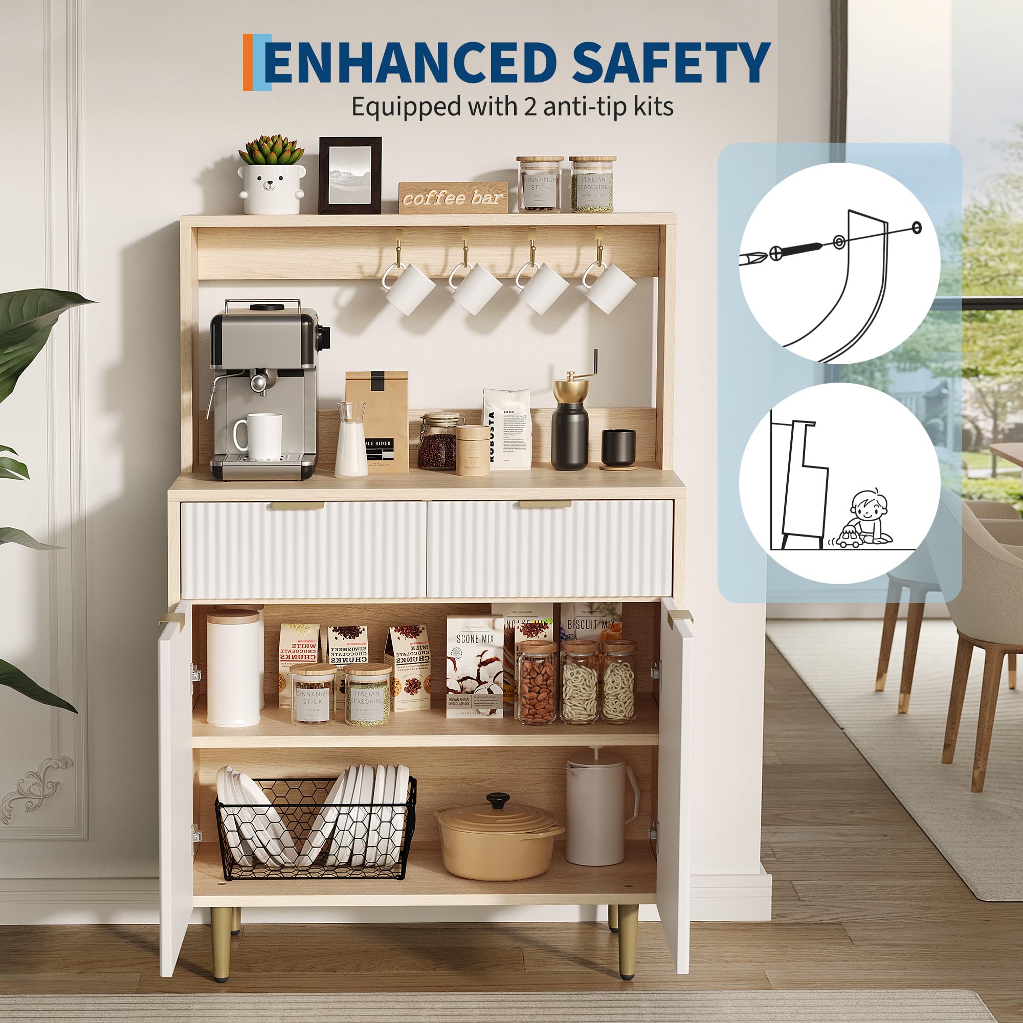 Modern Wood Sideboard Buffet Cabinet with Adjustable Shelves and 2 Drawers, Versatile Storage Console Table for Dining Room, Kitchen, Living Room, or Entryway, Organizer Solution