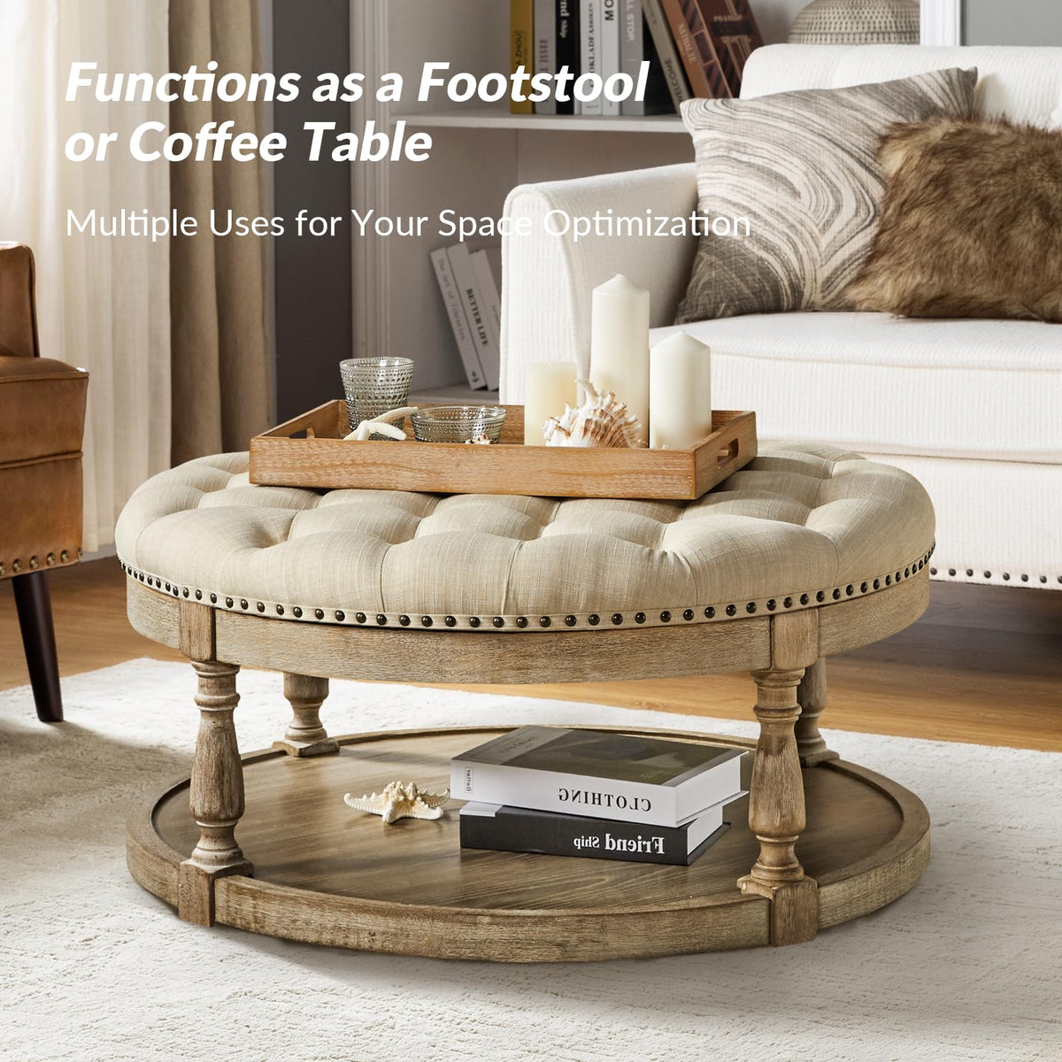 HULALA HOME Large Round Ottoman Coffee Table, 2-Tier Oversized Button Tufted Ottoman, with Wood Shelf Storage Farmhouse Upholstered, Coffee Table for Living Room Footrest, Linen
