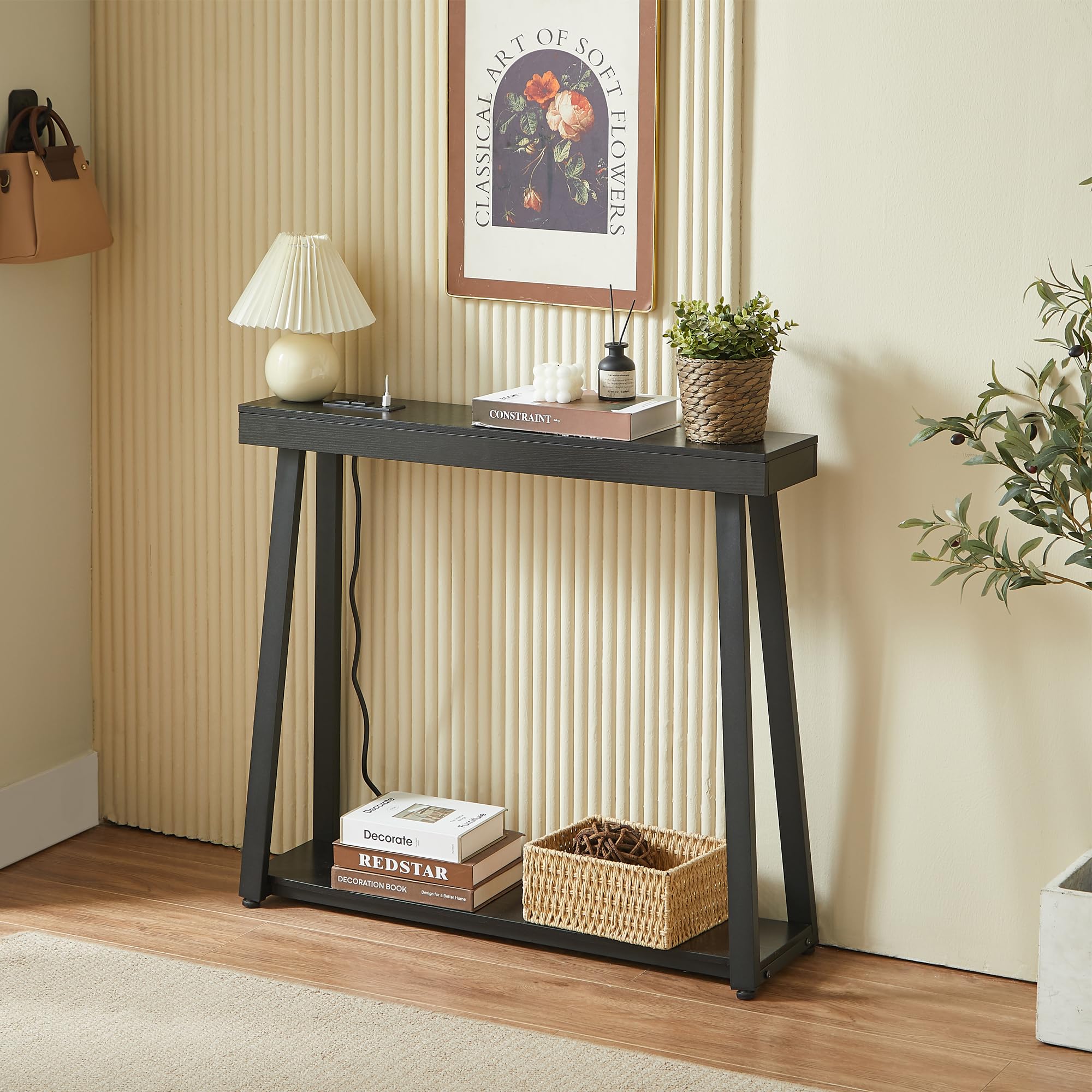 BOYUANH Narrow Small Entryway Console Table with Charging Station, Outlets&Ports, 36 Inch Thin High Tall Sofa Table for Entry Hallway, Living Room, Foyer, Behind Couch, Thick Metal Frame, Black