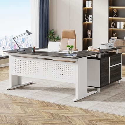 L-Shaped Executive Desk with File Cabinet