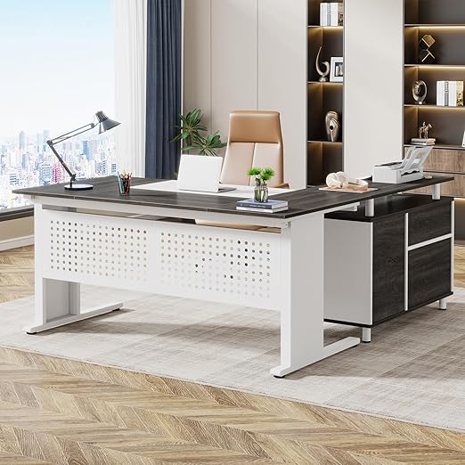 L-Shaped Executive Desk with File Cabinet & Storage Shelves