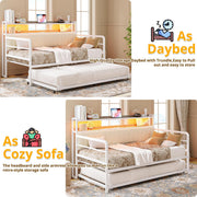 ANCTOR Daybed with Trundle, LED Lights and Charging Station, Full Size Daybed with 2-Tier Storage Shelves and Upholstered Headboard, Metal Sofa Bed Frame for Living Room, Bedroom, White