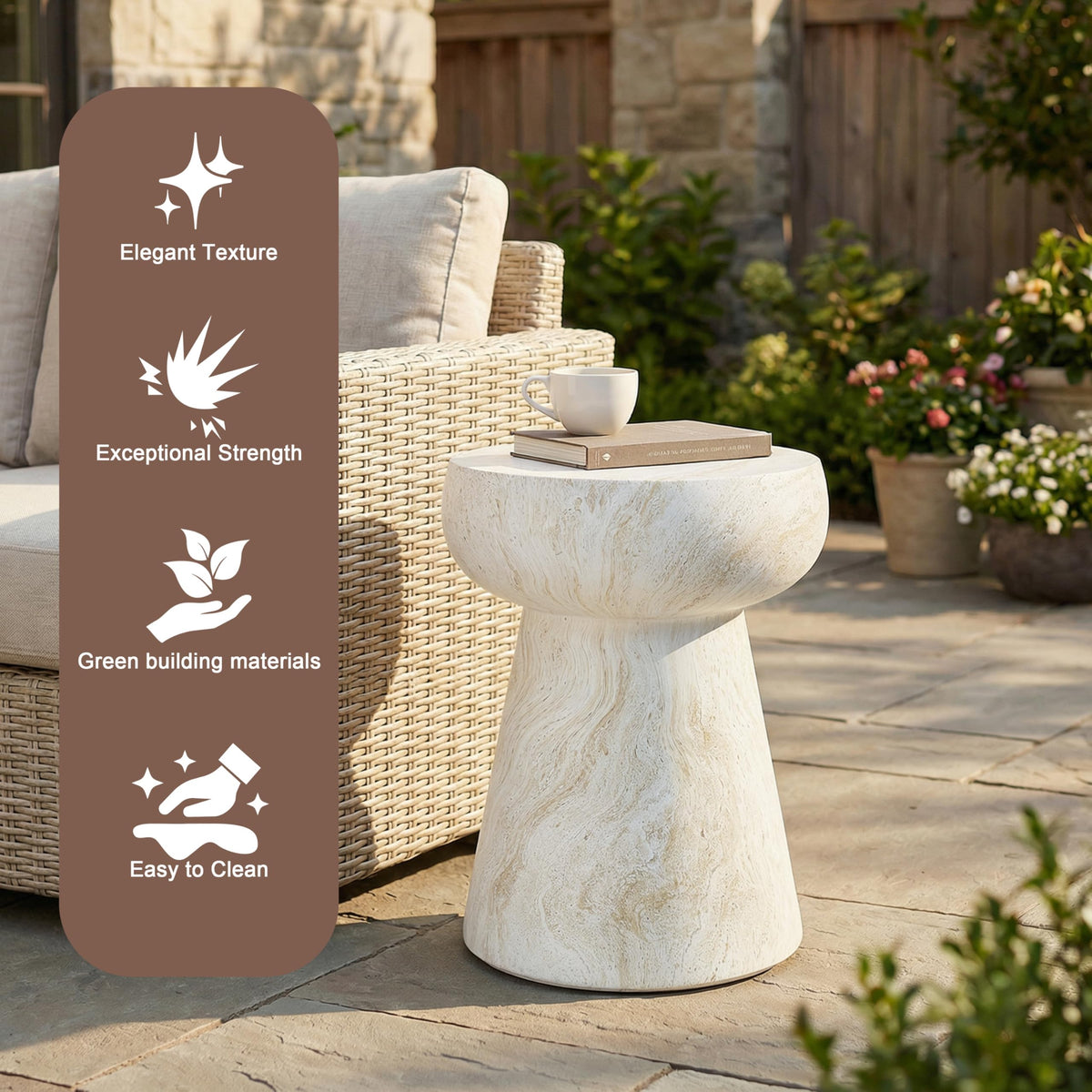 Merax Mushroom Outdoor Side Table, MGO Concrete End Table with Travertine Texture, Modern Pedestal Accent Table for Patio, Garden, Balcony, Indoor Outdoor Coffee Table, Beige + Yellow