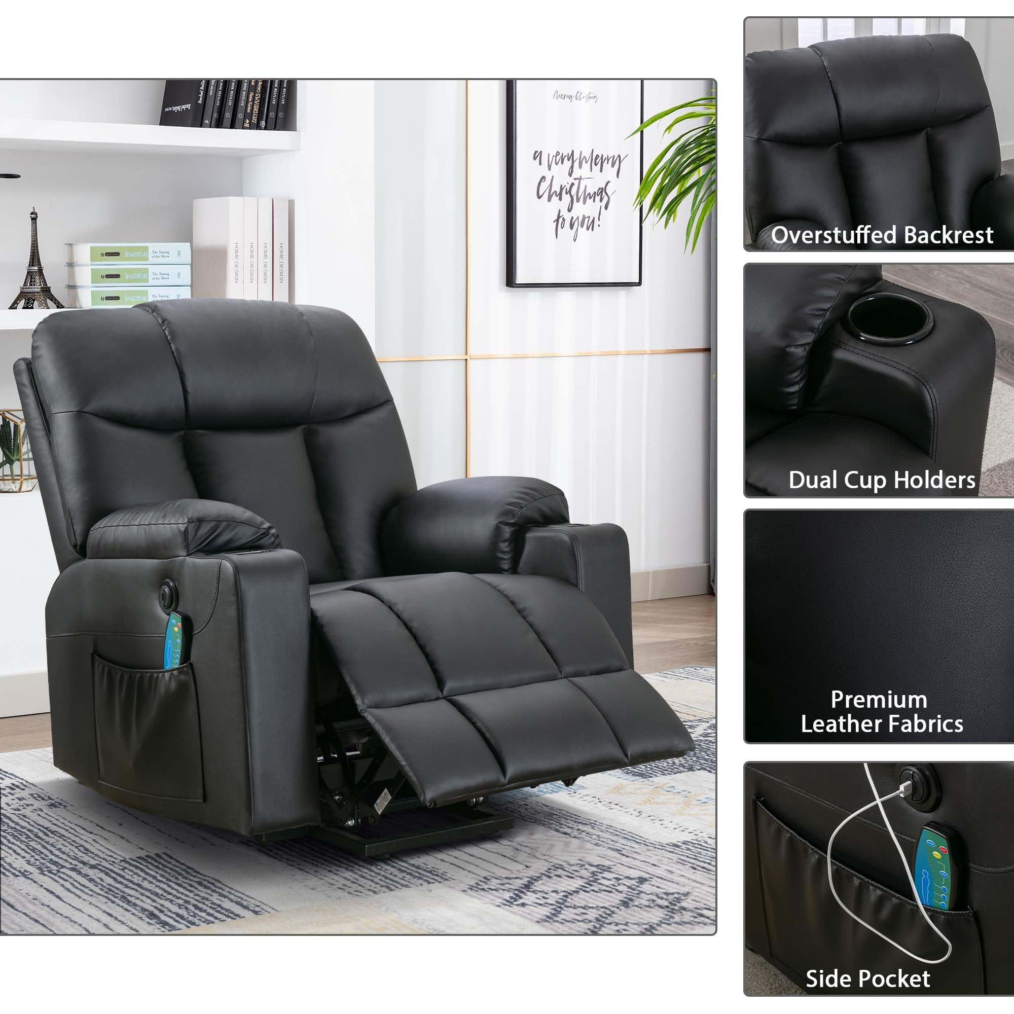Bonzy Home Extra Wide Lift Chair with Heat and Massage, Faux Leather Power Lift Recliner Massage Chair for Adults Elderly, Upholstered Recliner with 2 Cup Holders, Side Pocket