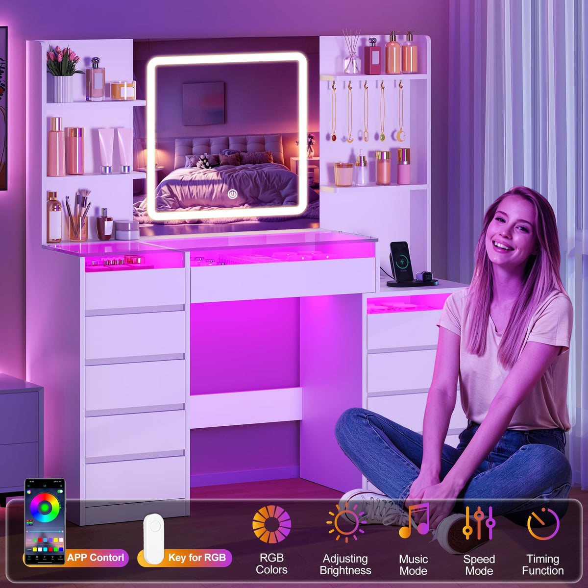 White Glass-Top Vanity with LED Mirror