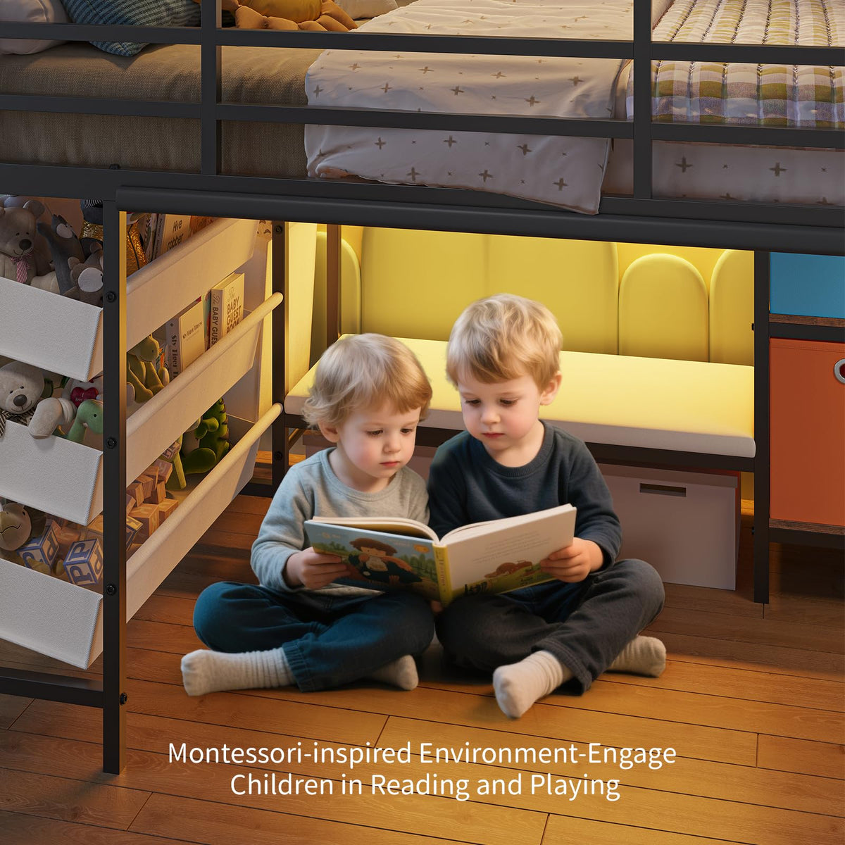 DICTAC Low Loft Bed Twin Size with Storage Bins and Reading Corner, Black