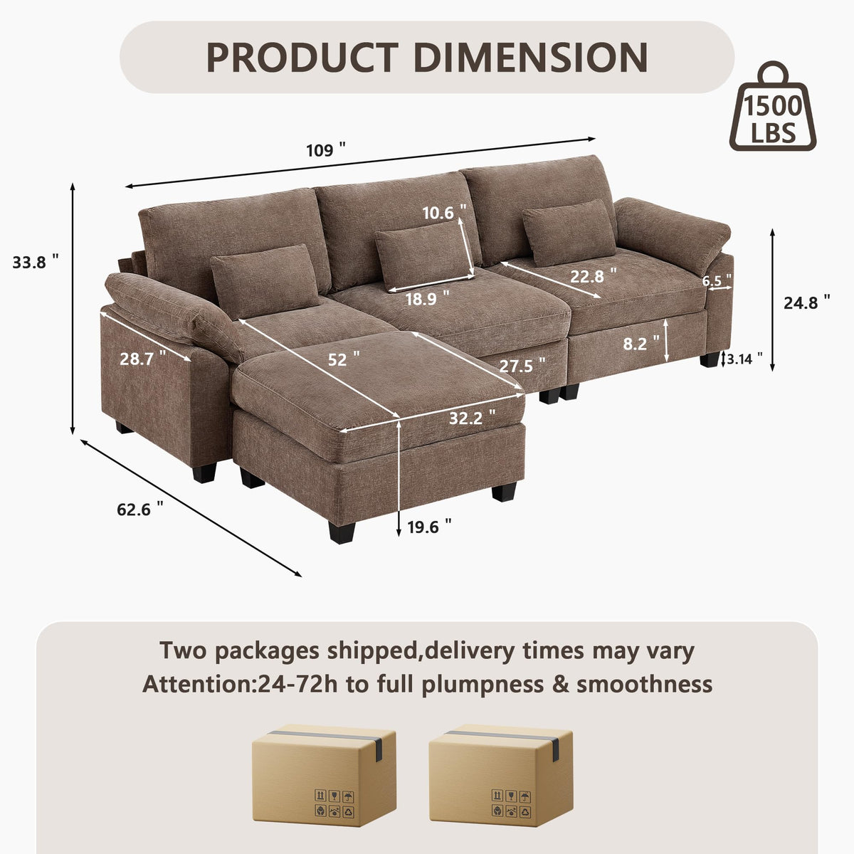 Immulize Sectional Sofa, L Shaped Cloud Couch with Movable Ottoman, Brown