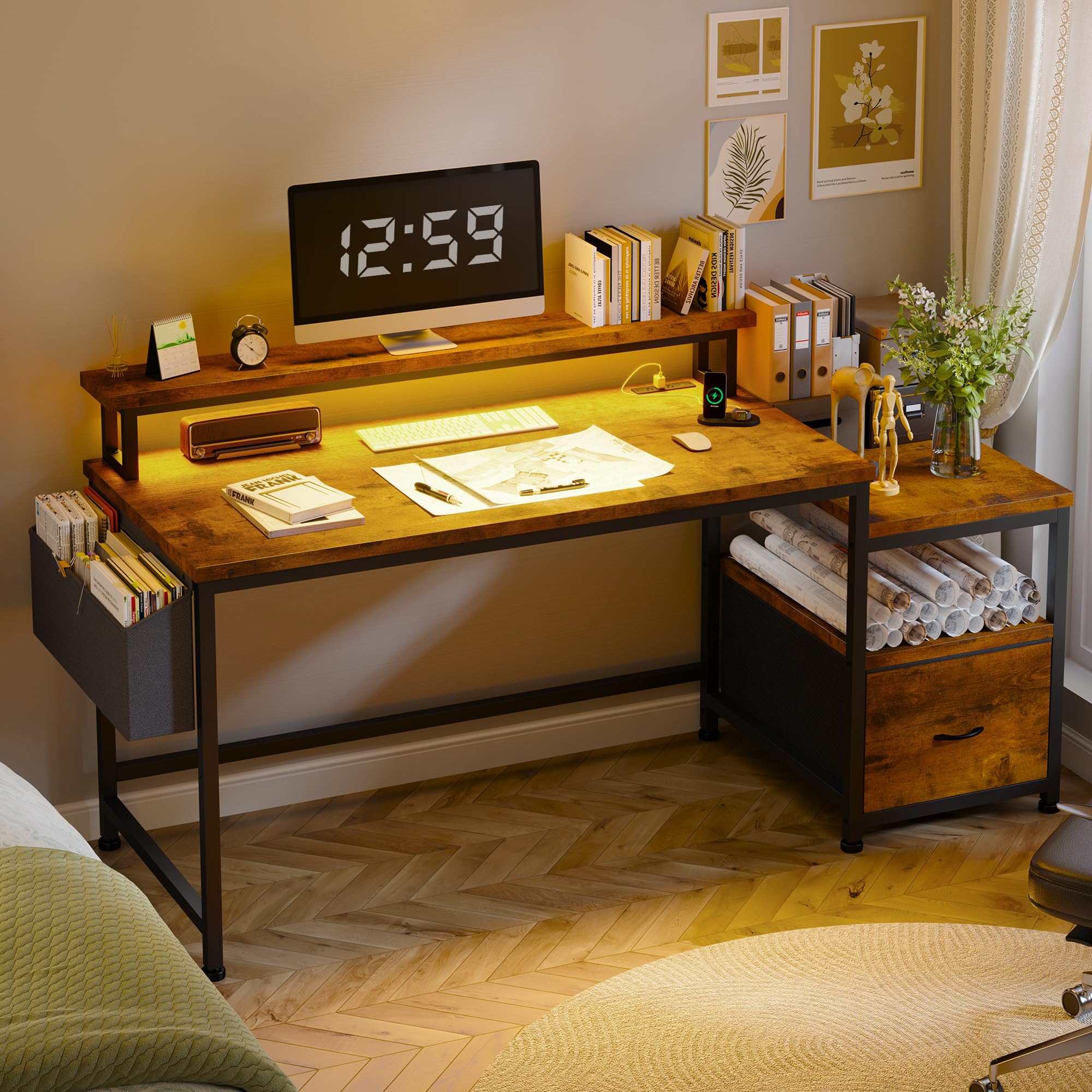 56.5" Office Desk with Monitor Stand, Filing Cabinet & Power Outlets