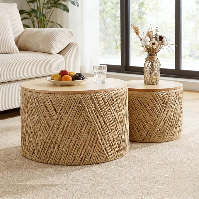 Round Nesting Coffee Table Set with Rattan Storage