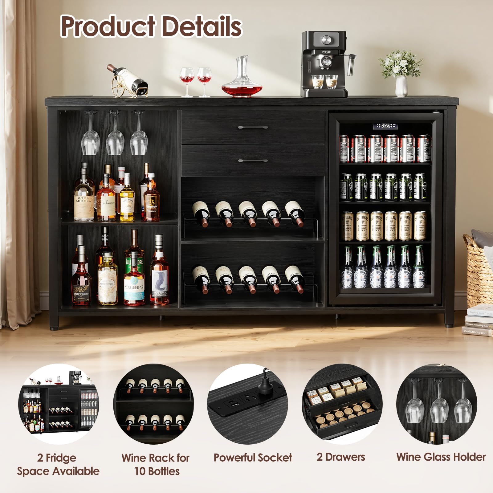 Leteuke Large Coffee Bar Cabinet with 2 Fridge Space, 70.8" L Kitchen Wine Cabinet, Wood Buffet Sideboard Table Station, Farmhouse Liquor Cabinet with Drawers Wine Rack for Home, Living Room-Black
