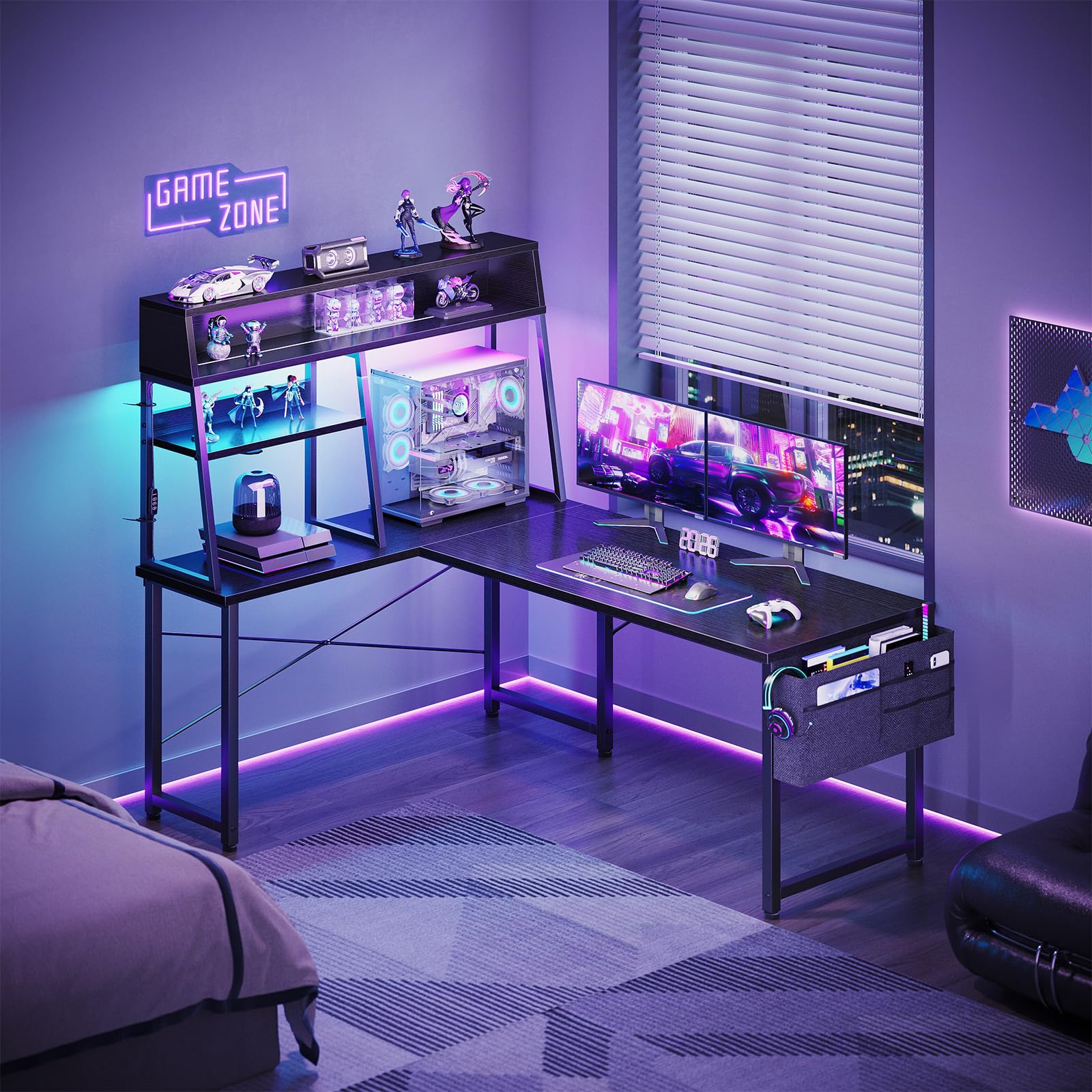 L-Shaped Gaming Desk with LED Lights & Display Shelves