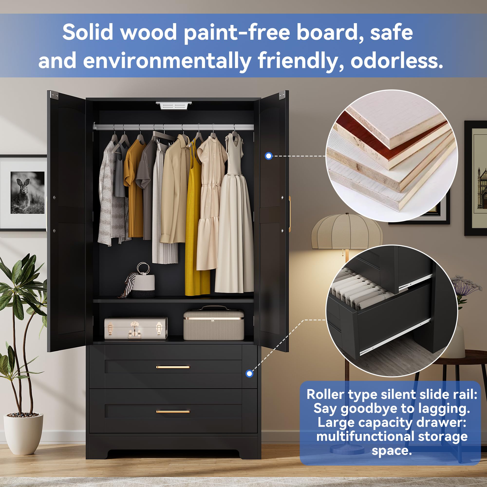 Wooden Armoire Wardrobe Closet with 2 Drawers, Hanging Rod & Shelves