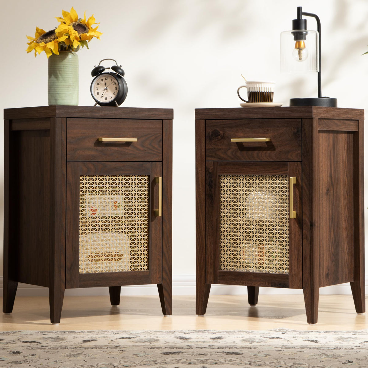 Walnut Nightstands with Drawer, Set of 2