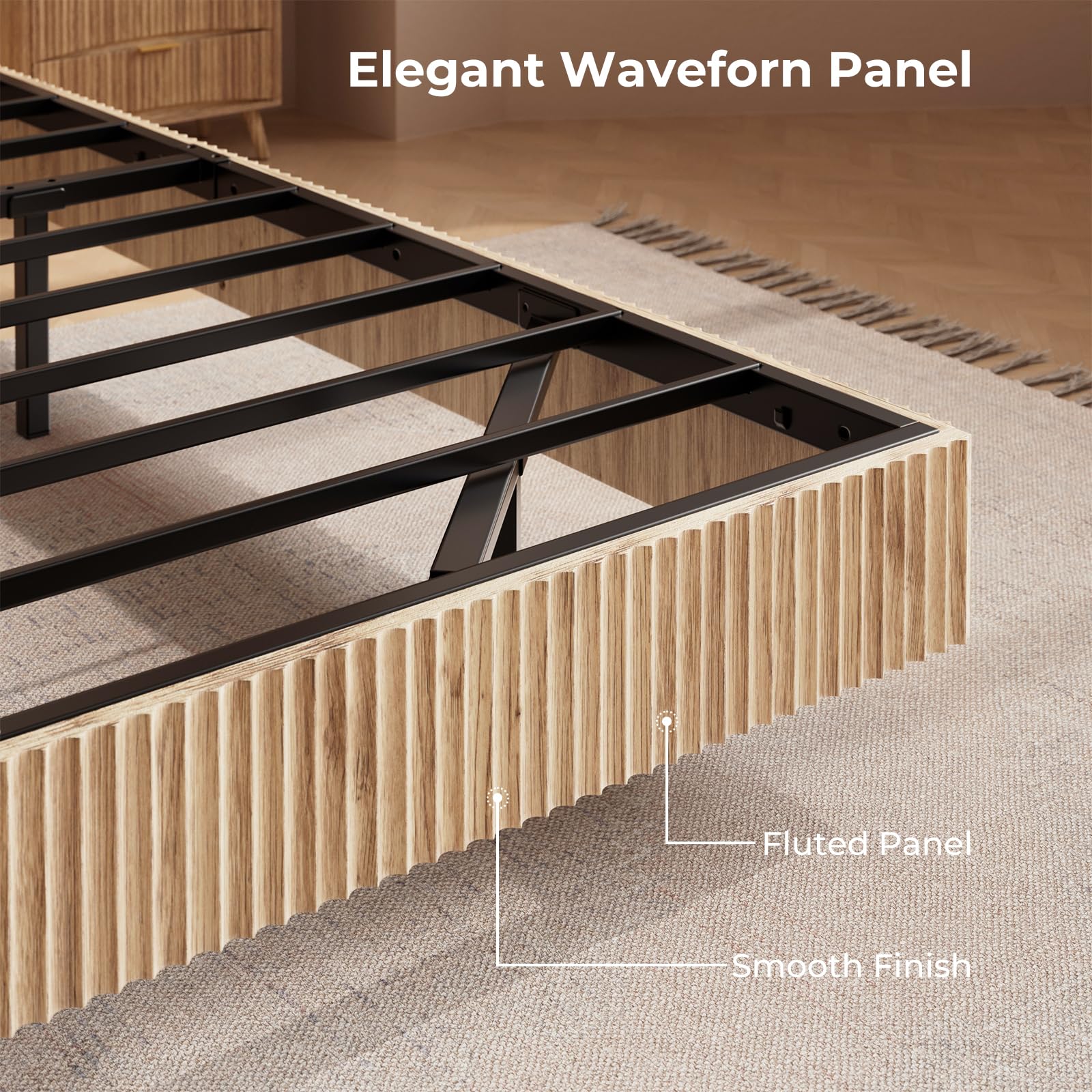 Fluted Floating Bed Frame with LED Lights & 2 Nightstands
