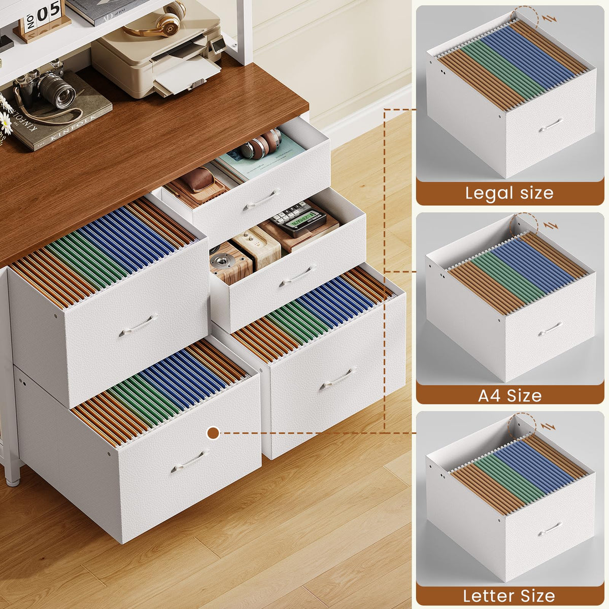 SEDETA 5 Fabric Drawer File Cabinet with Power Strip, 31.5" Filing Cabinet fits Legal, Letter, A4 Size File for Home Office with Printer Stand, LED Lights and Storage Shelf, White + Brown
