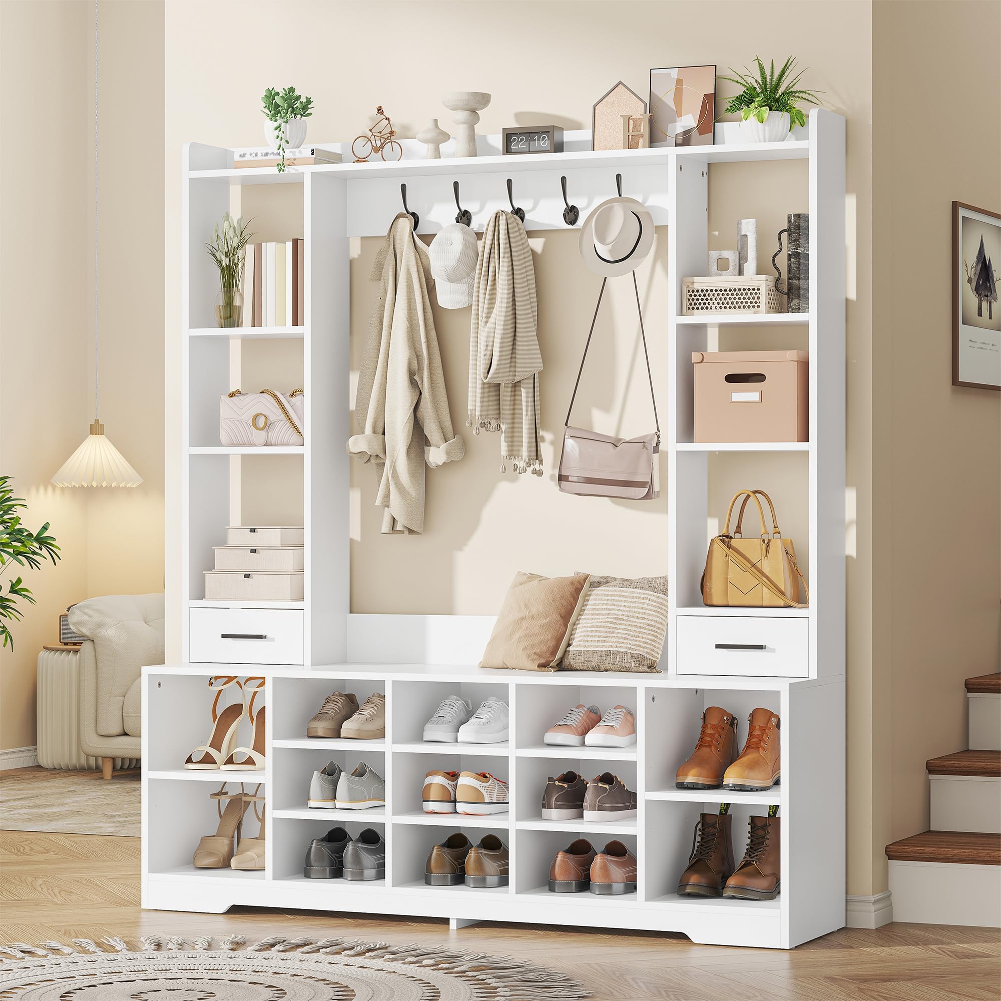 Farmhouse Hall Tree with Shoe Storage & Coat Rack
