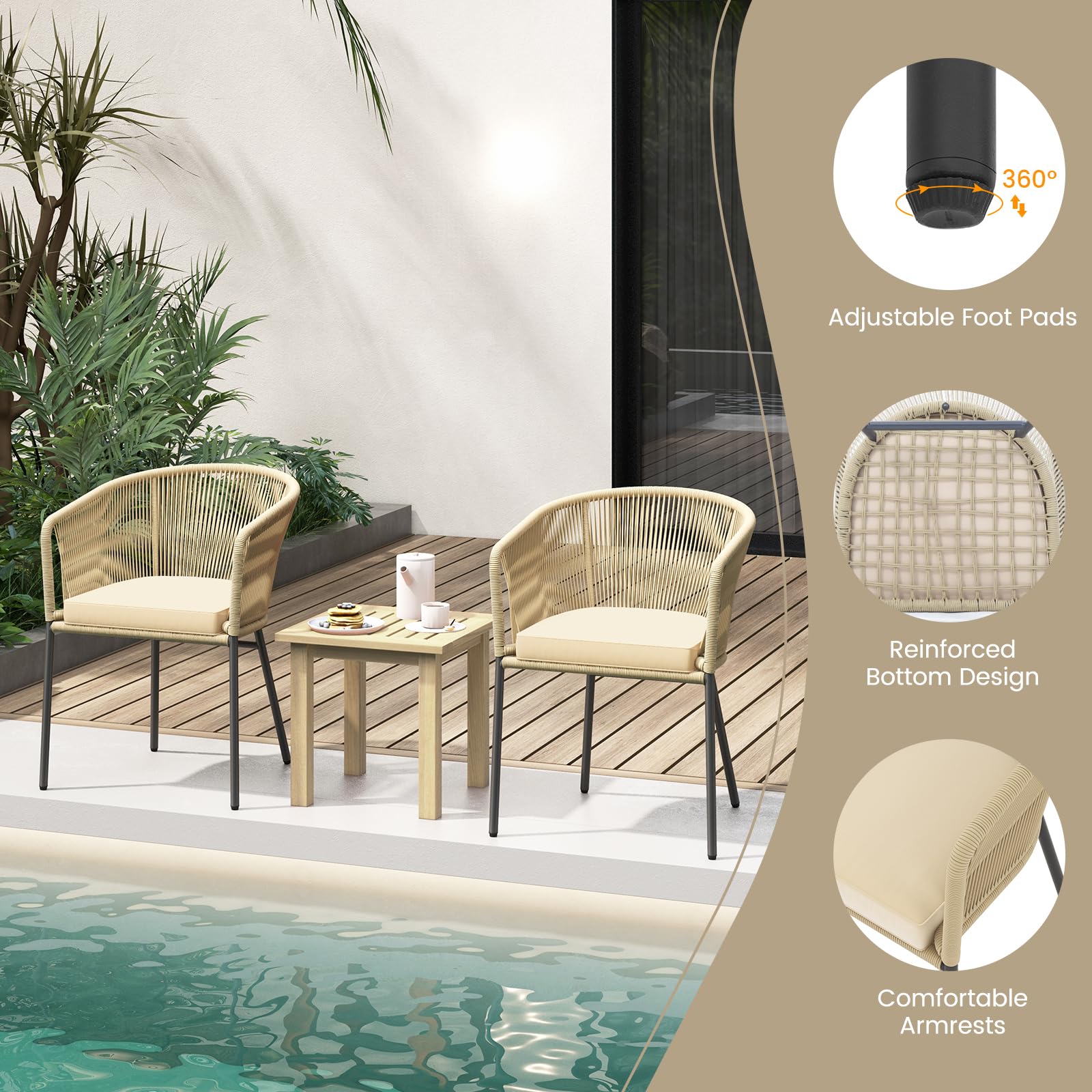 Tangkula Patio Chairs Set of 4, Outdoor Accent Chairs with Woven Rope Curved Backrest & Armrests, Seat Cushion, Adjustable Foot Pads, Modern Dining Chair for Dining Room, Patio, Backyard, Beige
