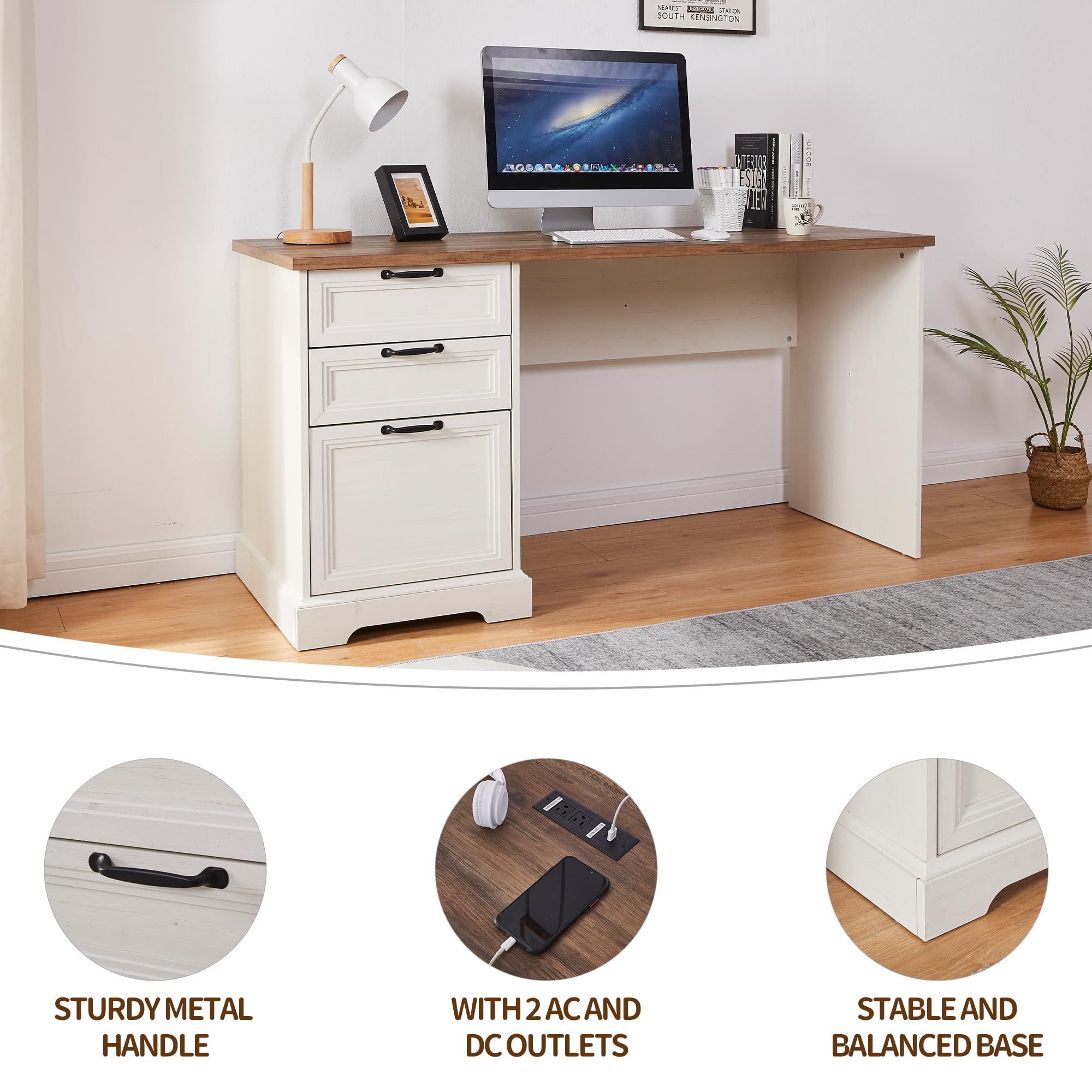 60"L-Shaped Executive Desk with 40"Adjustable File Cabinet,Farmhouse Home Office Desk with Charging Station,Office Desk with Storage Drawers,Wood Computer Desk Set for Office Work,Home Study