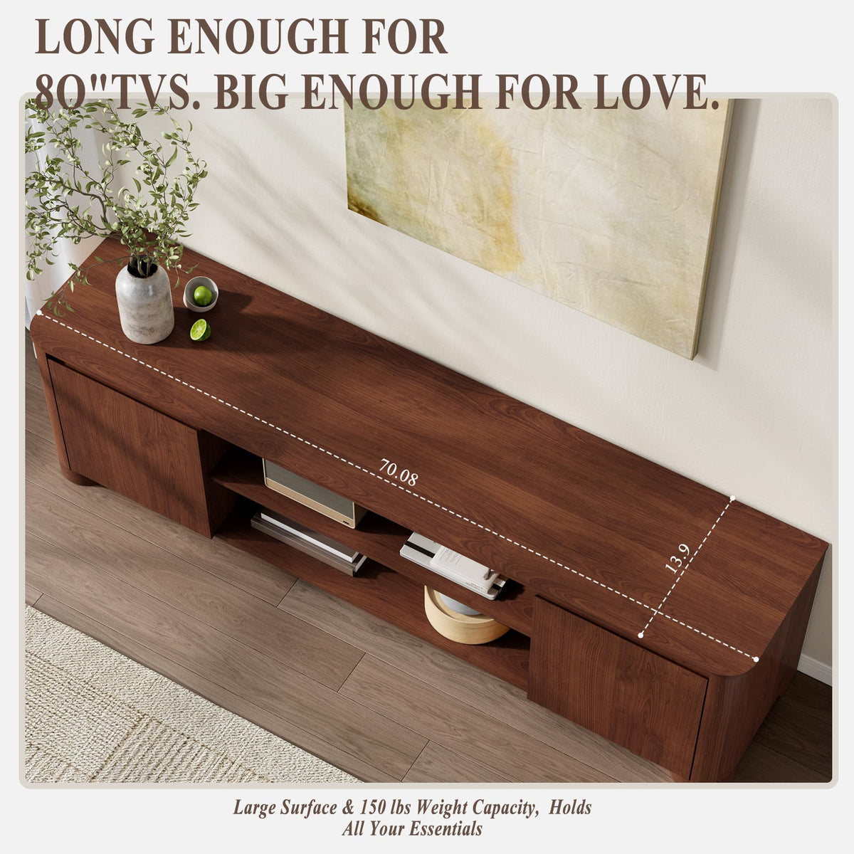 YANSNWO 70" TV Stand for TVs Up to 80" with Rounded Corners, Walnut
