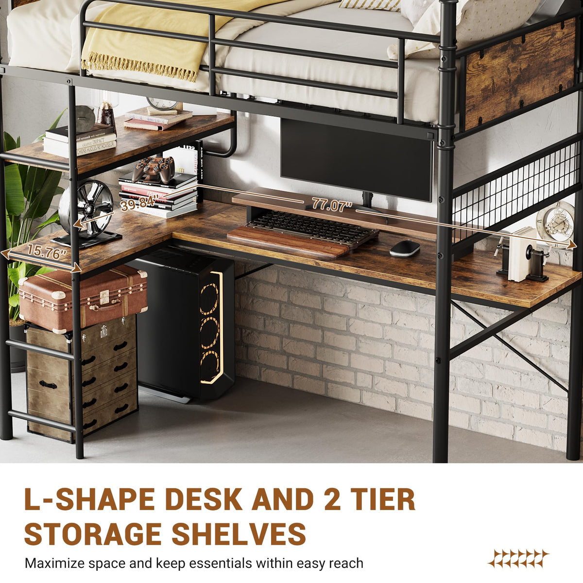 GarveeHome Loft Bunk Bed with L-Shaped Desk, Industrial Twin Loft Bed,Brown
