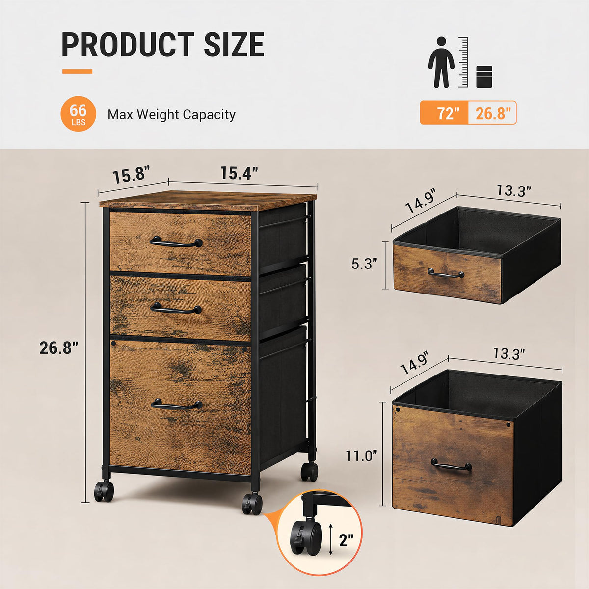 3-Drawer Rolling File Cabinet