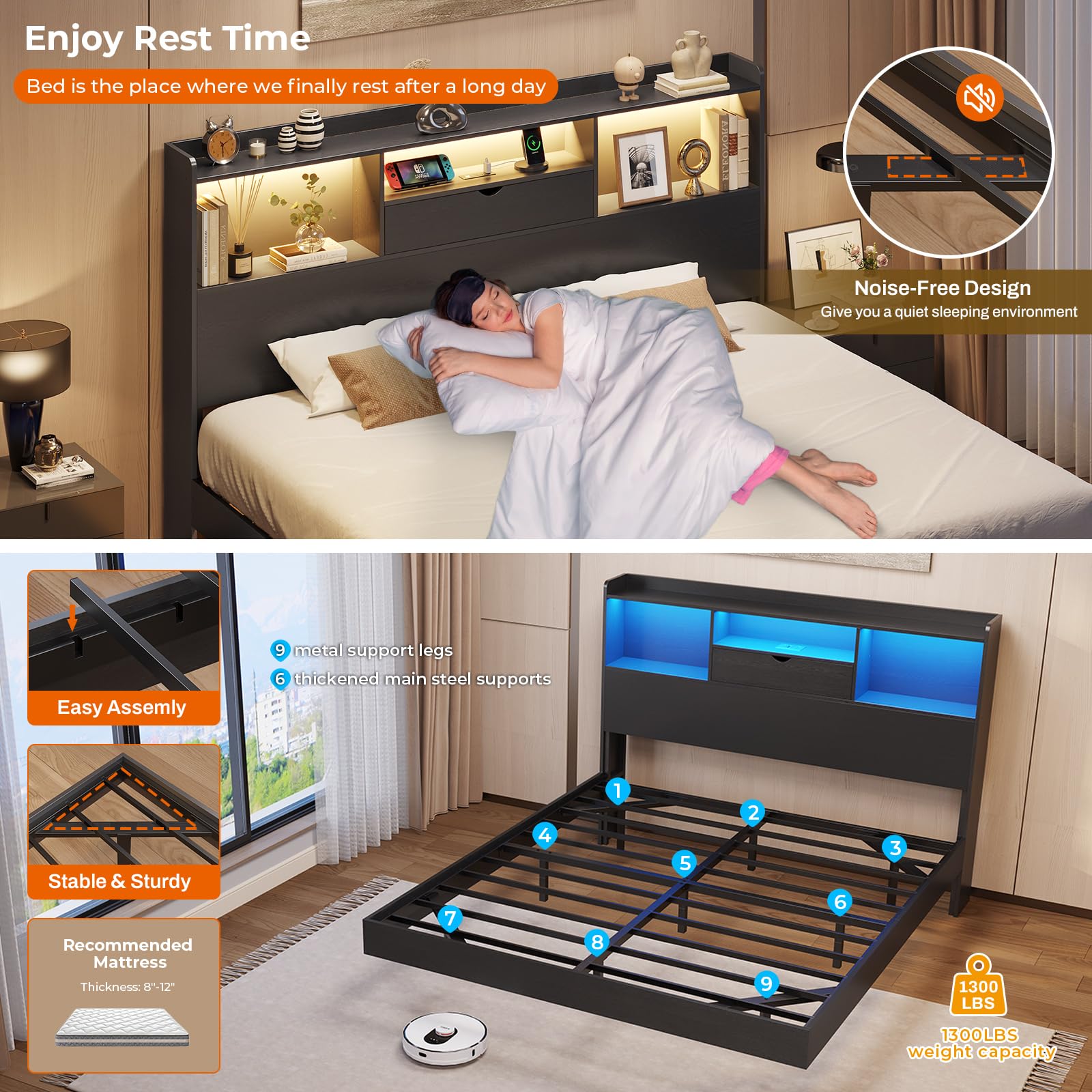 DICTAC Queen Floating Bed Frame with LED Lights and Storage Headboard, Visual Floating Bed with Charing Station, Queen Size Metal Platform Bed with Stable Structure, No Box Spring Need, Easy Assembly