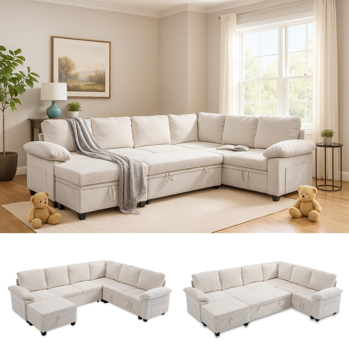 108''Modular Sectional Sleeper Sofa, L Shape Pull Out Sofa Bed with Storage