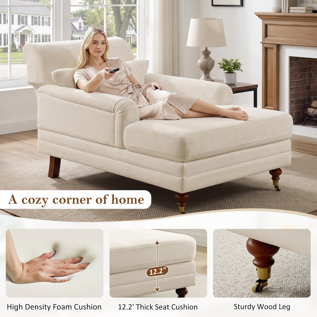 VANOMi 59.45'' Chaise Lounge Chair with Adjustable Backrest, Chenille Beige
