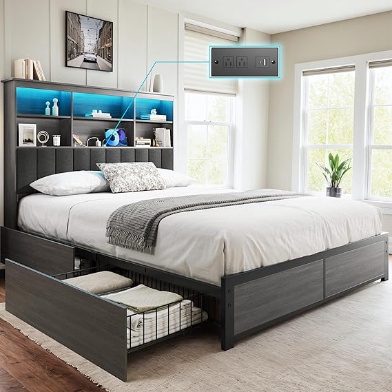 Rustic Bed Frame with Storage Headboard, Drawers & LED
