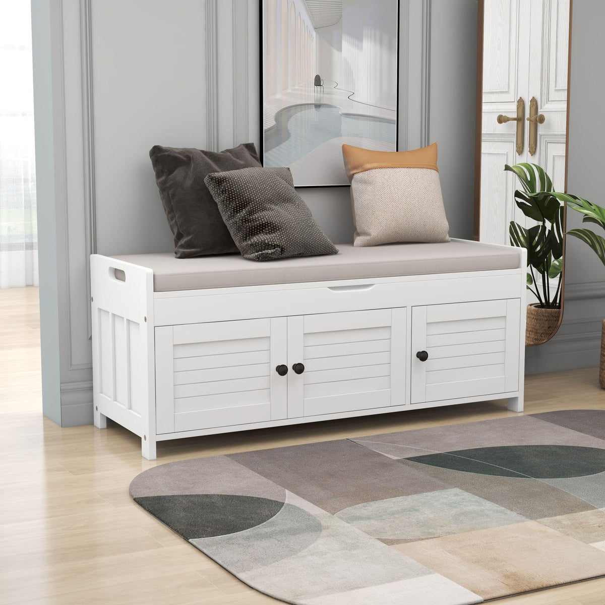 GDFStudio Rustic Storage Bench with 3 Shutter Shaped Doors Removable Cushion Rectangular Storage Ottoman Cabinet Foot Rest Stool Wood Shoe Bench Seating for Entryway Living Room, White