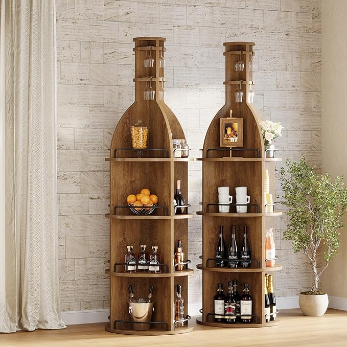 Industrial Round Wine Rack Cabinet with Goblet Holder