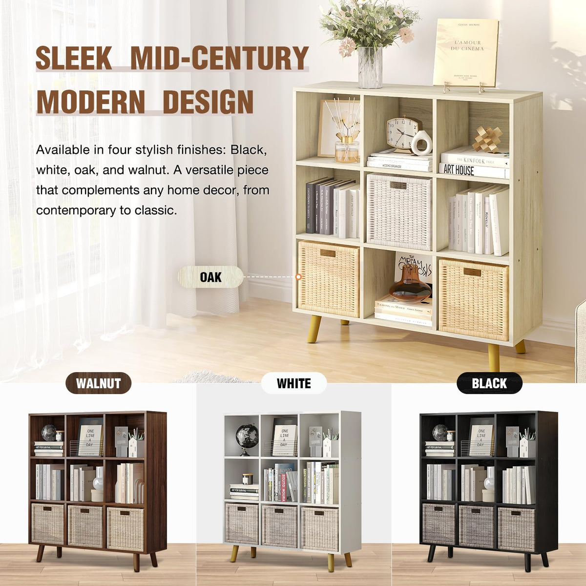 ELYUP 9-Cube Open Shelf Bookcase - 3-Tier Wooden Bookshelf with Legs, Oak