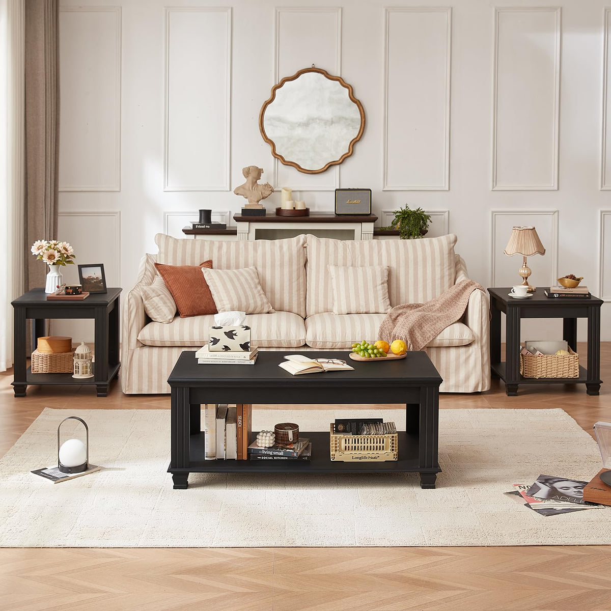 SAVOR LIFE Farmhouse Coffee Table Set of 3, Black