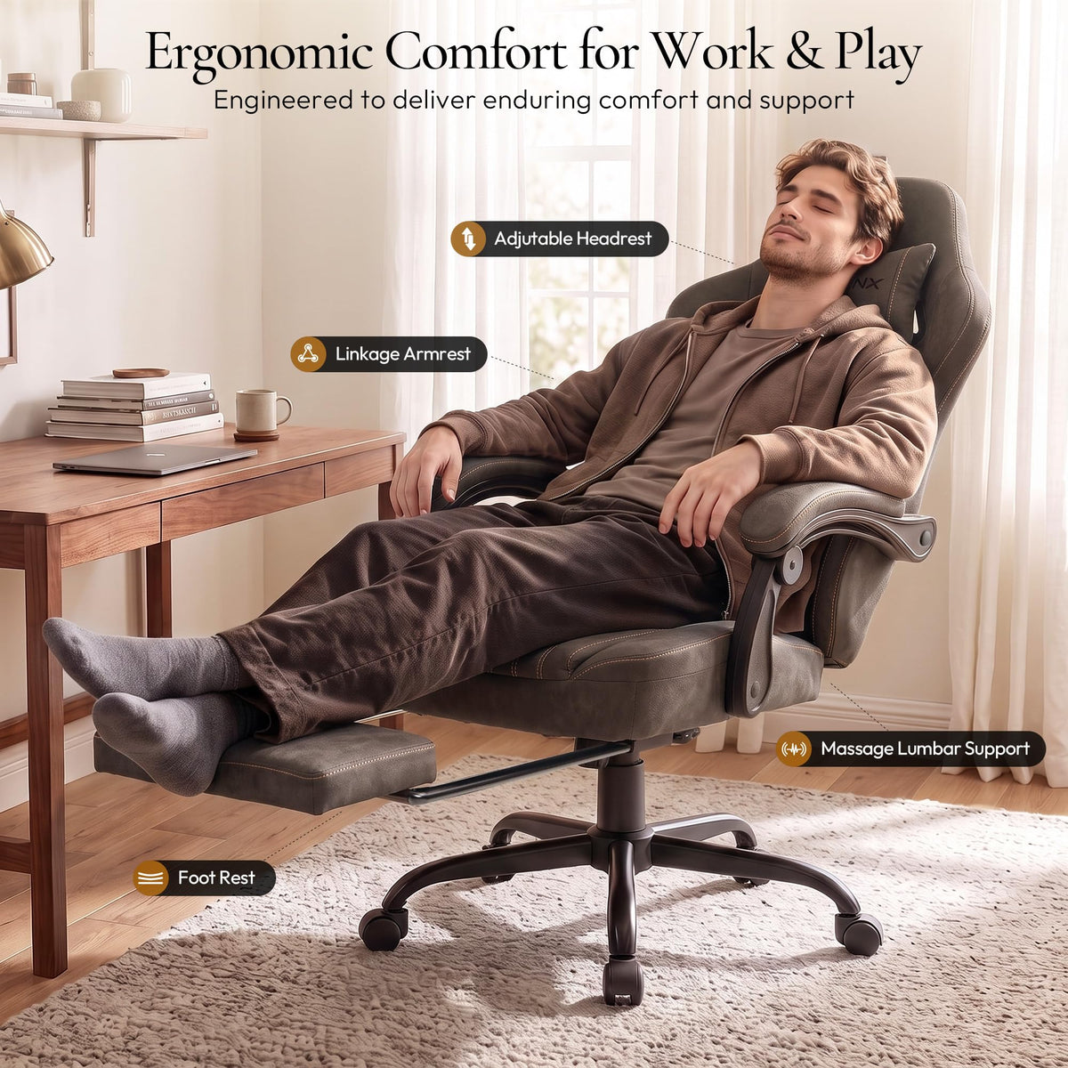Dowinx Gaming Chair Breathable PU Leather Gamer Chair with Footrest Massage Lumbar Support, Big and Tall Ergonomic Reclining Computer Chair with Pocket Spring Cushion for Adults Teens (Brown)