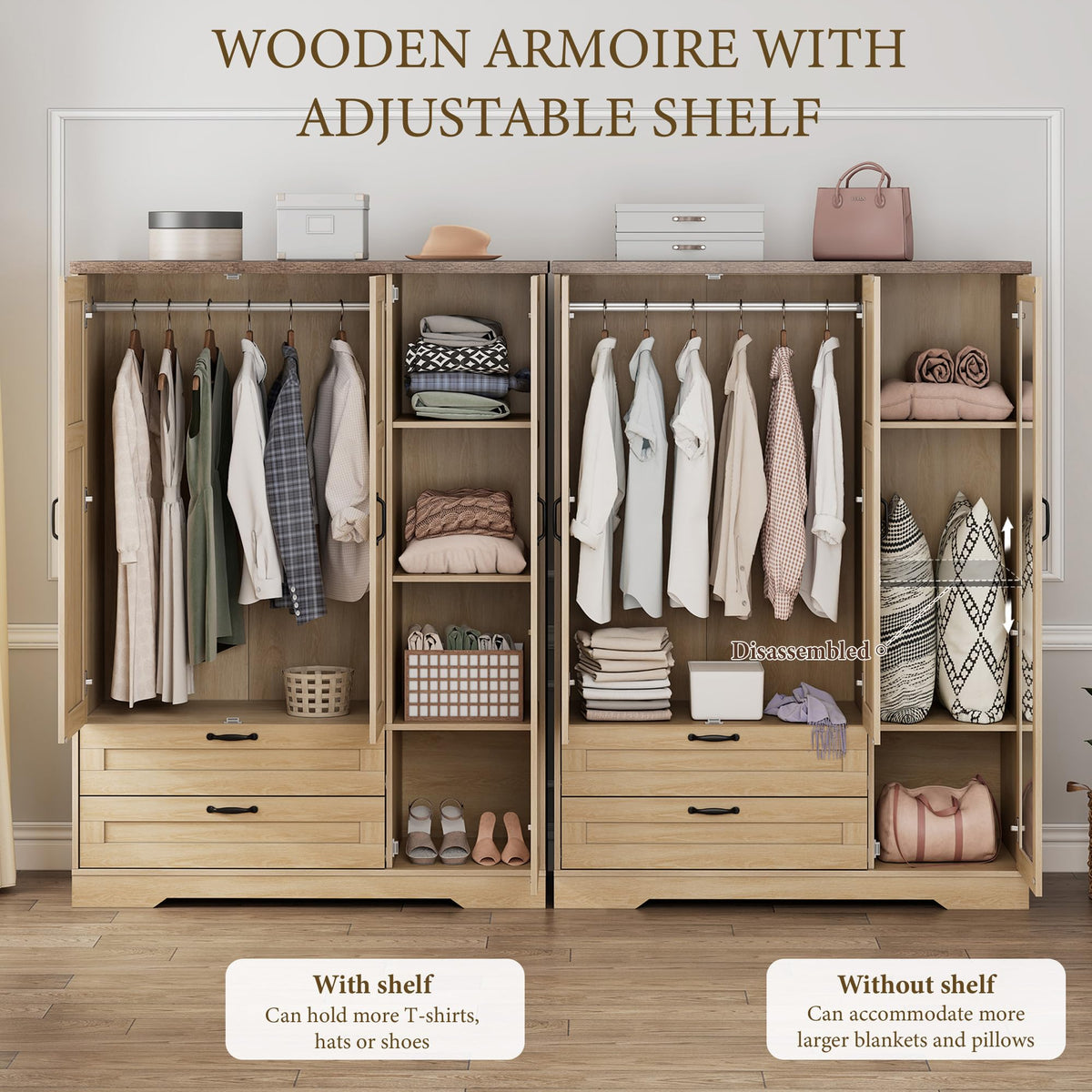 Brafab 62" Wooden Armoire Wardrobe Closet with Mirror, Natural, 3 Doors