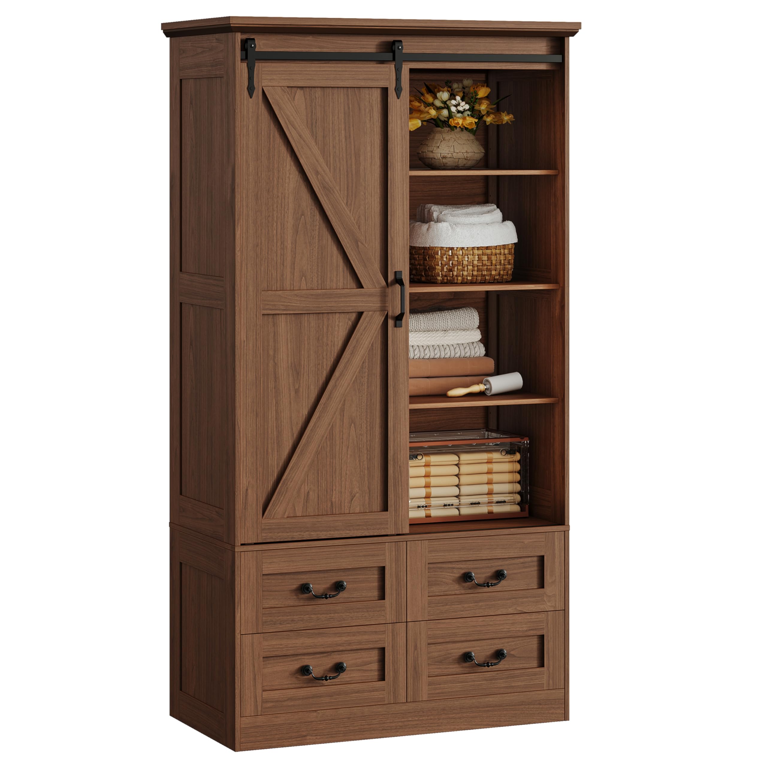 IRONCK Armoire Wardrobe Closet with 4 Drawers,71" Wardrobe Cabinet with Sliding Barn Doors, Tall Clothing Storage Cabinet with Hanging Rod and Shelves for Bedroom,Walnut