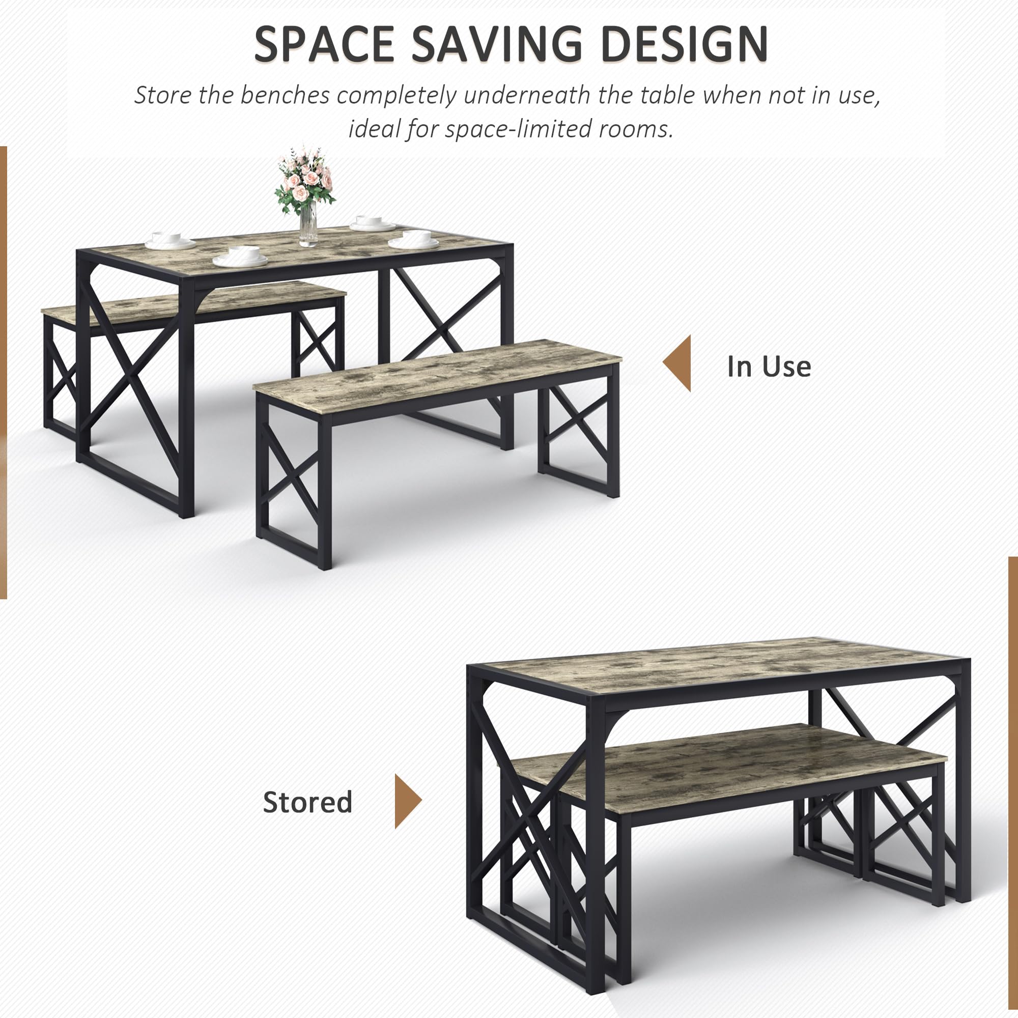 55" Dining Table Set with 2 Benches