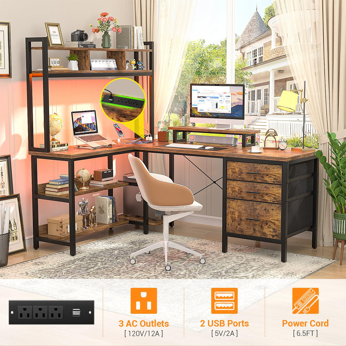L-Shaped LED Desk with Hutch
