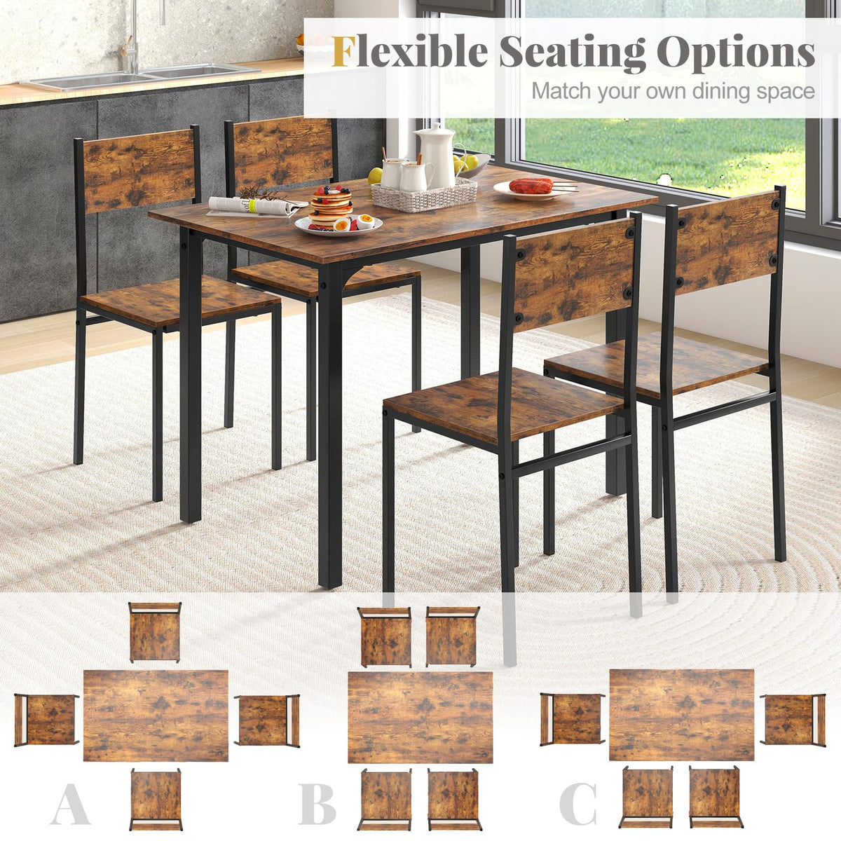 GIANTEX Dining Table Set for 4, 5-Piece Modern Kitchen Table and Chairs with Metal Frame & Adjustable Foot Pads, Space Saving Wood Dinette Set for Small Space, Breakfast Nook, Apartment (Brown)