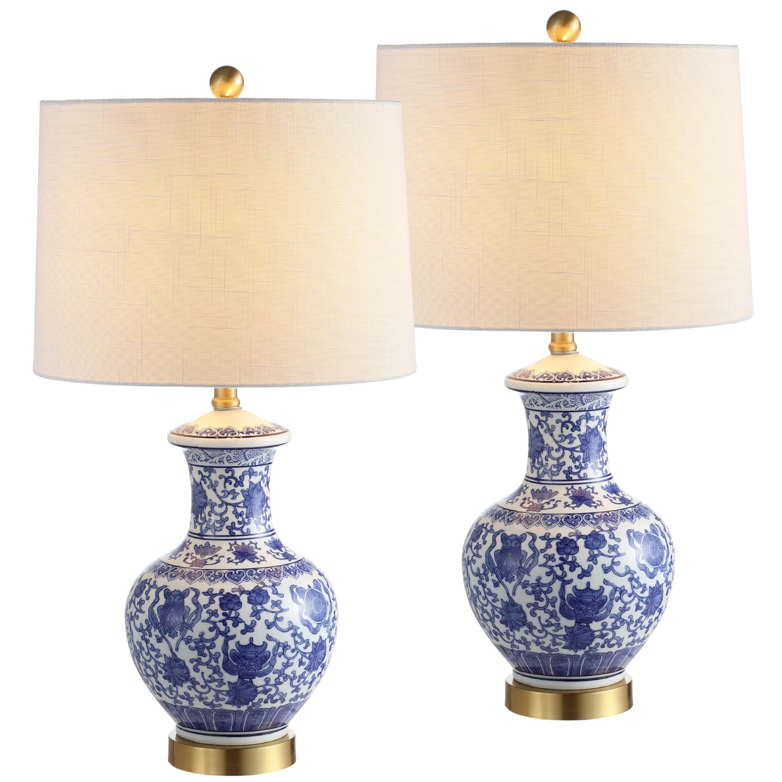 JONATHAN Y 25.25" Blue/White Ceramic Ginger Jar Table Lamp Set of 2, Traditional Brass Gold Base for Living Room Bedroom, White Linen Drum Shade, LED Bulbs Included JYL1072A-SET2