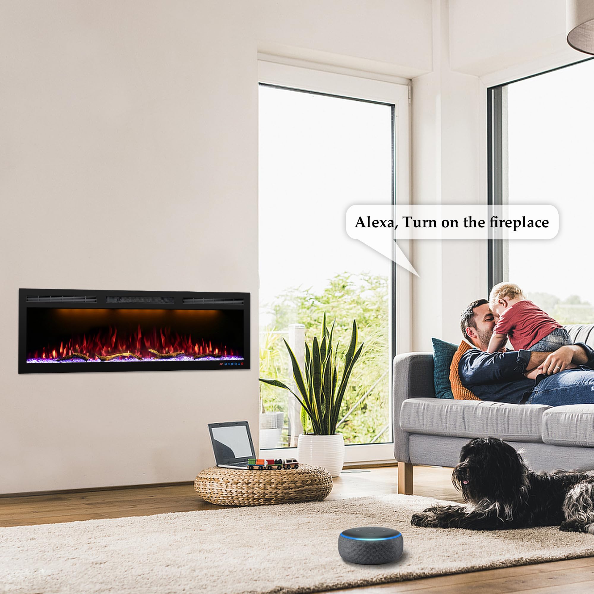 50 inch Electric Fireplace Heater, Smart Control via Alexa & App, Recessed and Wall Mounted Fireplace Insert w/Multicolor Realistic Flame Effects,Crackling Sound and Logs& Crystals, 1500W, Black