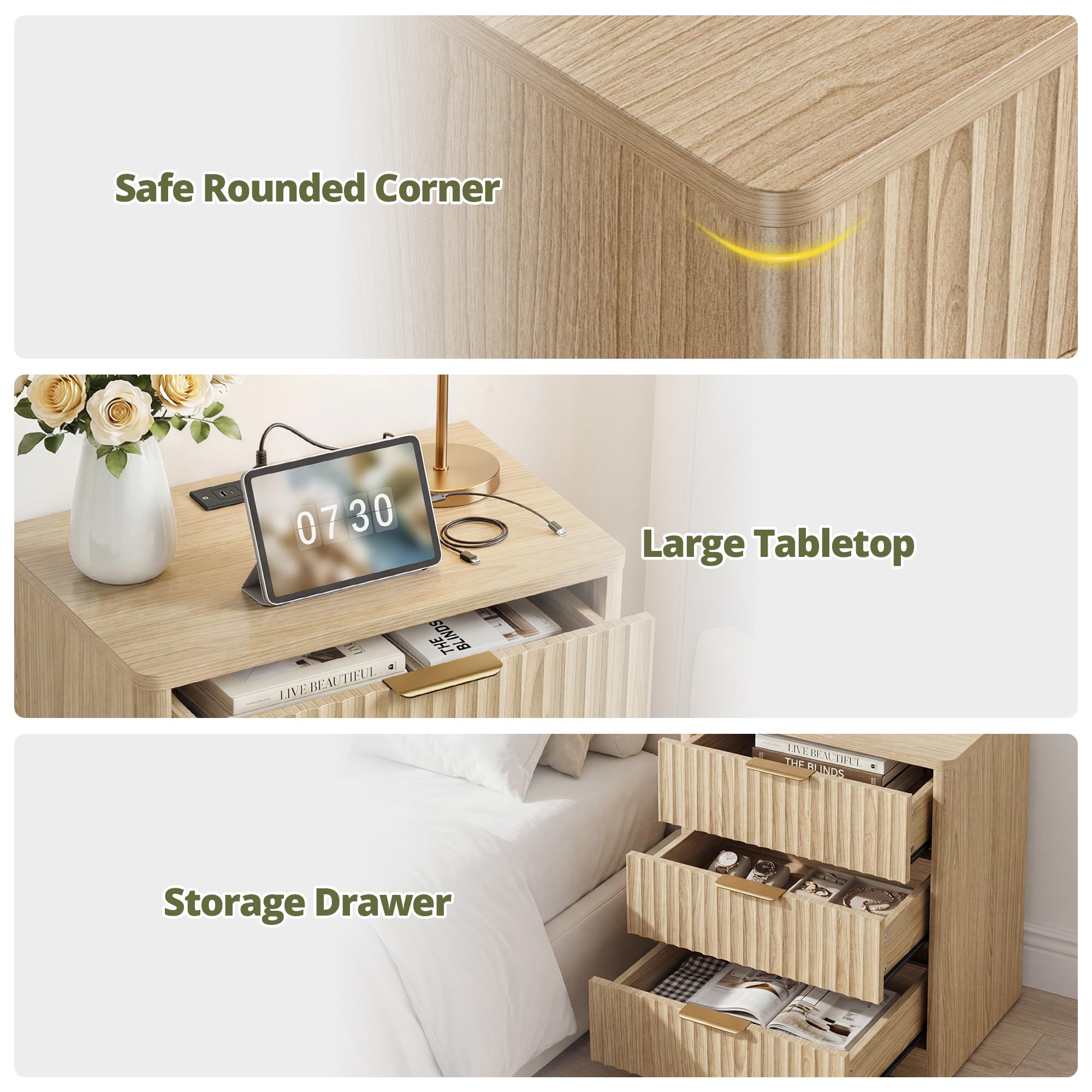 IRONCK Fluted Night Stand Set of 2, 22" Modern Nightstand with Charging Station & 3 Drawers, Bedside Table for Bedroom, Natural Oak