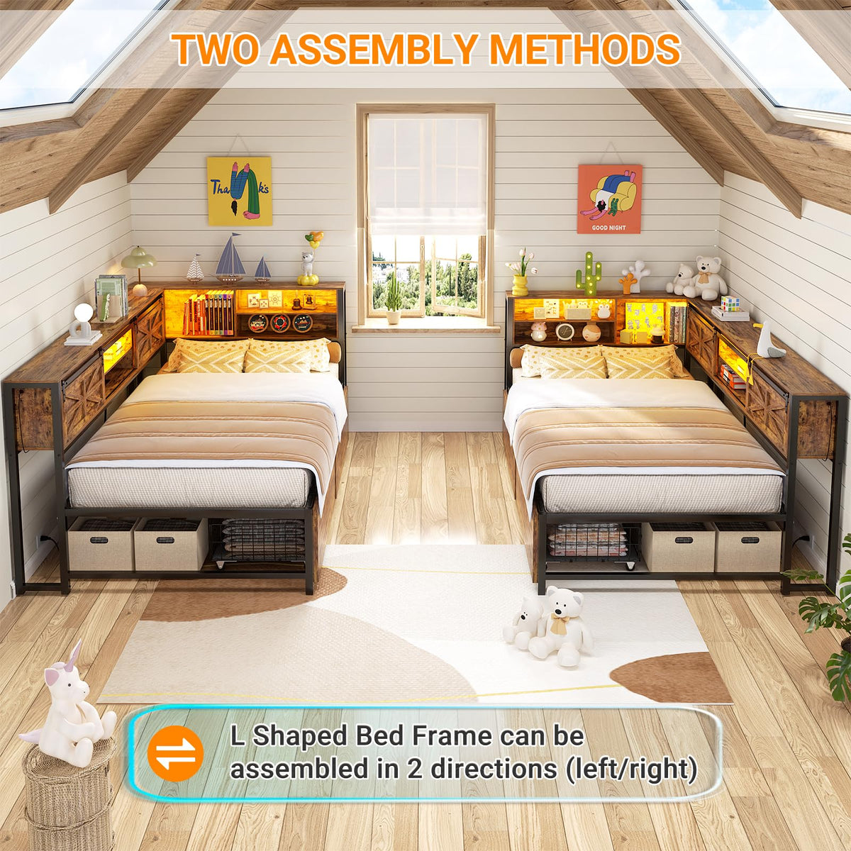 Homieasy Corner Bed Frame with Drawer, Storage Shelf, Bookcase, Outlet, LED